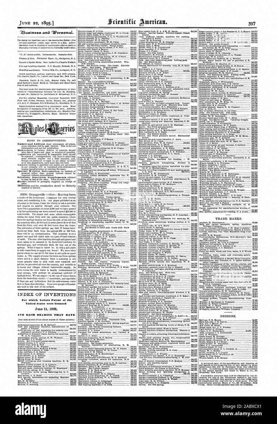 INDEX DER ERFINDUNGEN, für die Patentschriften ot in den Vereinigten Staaten erteilt wurden, JUNI UND JEDEN 1895 LAGER, DAS DATUM., Scientific American, 1895-06-22 Stockfoto