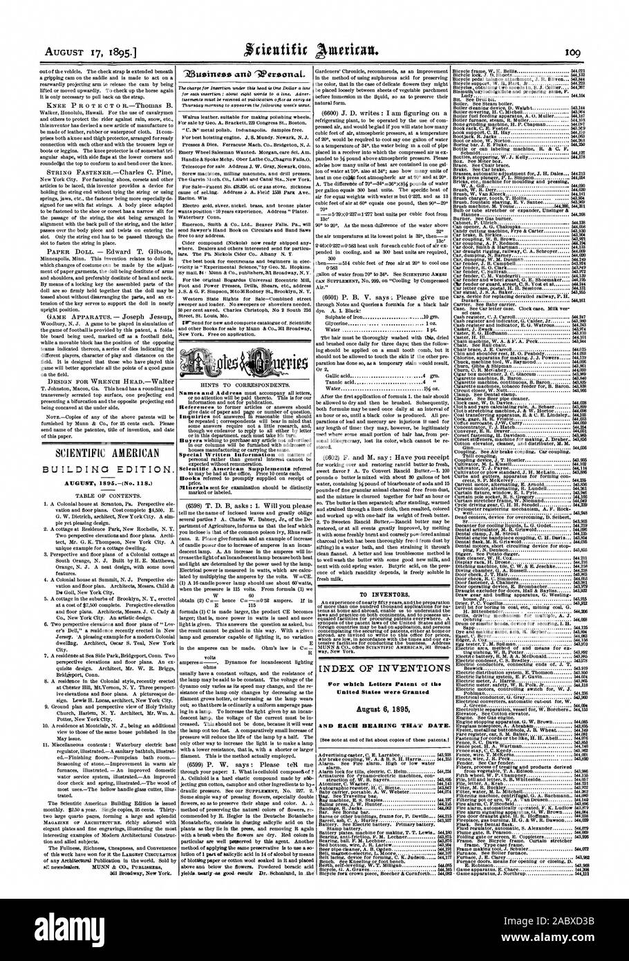 498 AUGUST 17 18951 SCIENTIFIC AMERICAN GEBÄUDE EDITION. "Zitssissessz css 0'' Wers ortal. Die ERFINDER INDEX DER ERFINDUNGEN, für die Patentschriften ot die Vereinigten Staat. 4 ND JEDES LAGER DIESEM DATUM gewährt wurden. 544.197 544.215 614.062, 1895-08-17 Stockfoto