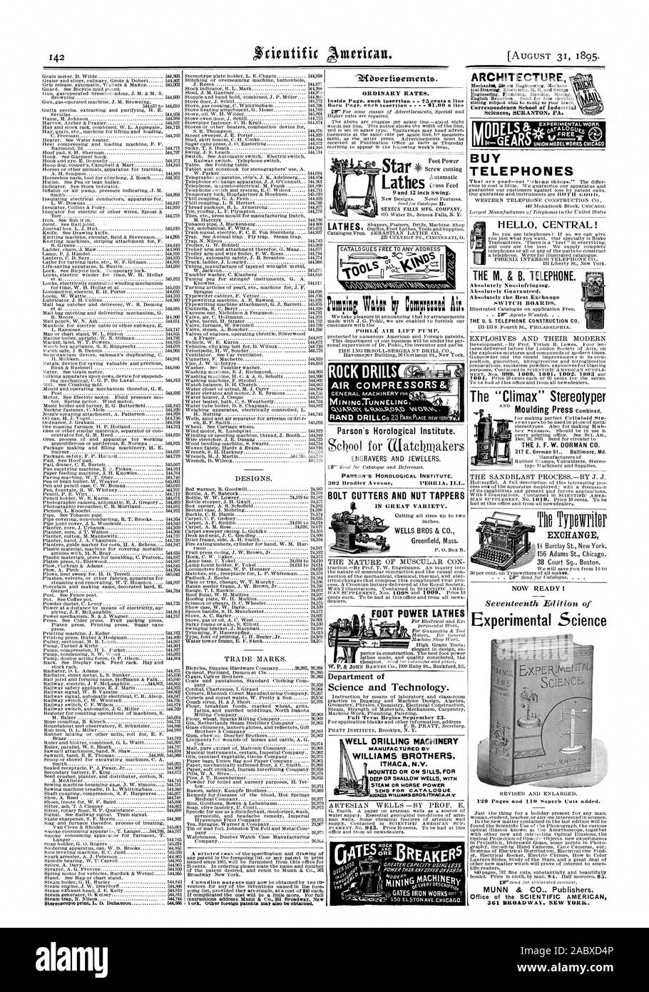 Architektur 9.0 Parson's Uhrmacherischen Institut. Bolzenschneider UND MUTTER GEWINDESCHNEIDER FUSS POWER DREHMASCHINEN KAUFEN TELEFONE HÖLLE ZENTRAL! Die M.&B. Telefon das Büro des Scientific American 301 Broadway. NEW YORK. Drehbank GESTEINSBOHRHÄMMER fr -. 4413 Ich KOMPRESSOREN &. frOWER als ANITMER YFAIMI e 1 s 50 ELSTON AVE. und Chicago. Abteilung für Wissenschaft und Technologie. Auch BOHRMASCHINEN WILLIAMS BROTHERS. Ithaka. N.V. Montiert ODER AUF SCHWELLER FÜR TIEFE ODER FLACHE BRUNNEN MIT DAMPF ODER PFERD POWER EXCHANGE nun bereit! Die experimentelle Wissenschaft 'Höhepunkt' Stereotypeur, 1895-08-31 Stockfoto