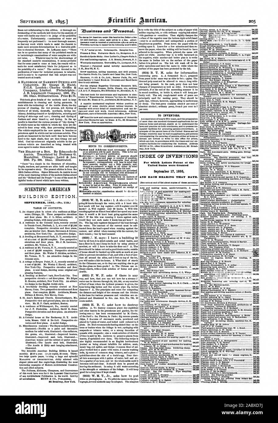 SCIENTIFIC AMERICAN GEBÄUDE EDITION. SEPTEMBER 1 895.- (Nr. 9.) 361 Broadway New York. 'Z 3 usinesso ein 'WereenriaL. Für Erfinder. INDEX DER ERFINDUNGEN, für die Lettere Patent in den Vereinigten Staaten gewährt wurden am 17. September 1895 und jedes Lager, dass Datum., 1895-09-28 Stockfoto