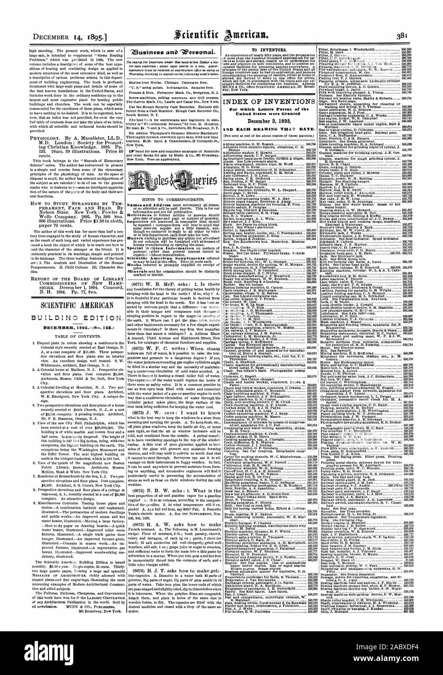 14. Dezember 1895.1 SCIENTIFIC AMERICAN GEBÄUDE EDITION. Dezember 1 S 95,- (Nr. 122.) FÜR ERFINDER. INDEX DER ERFINDUNGEN, für die Patentschriften der Vereinigten Staaten am 3. Dezember 1895 und jede Raupe, Datum., 1895-12-14 gewährt wurden Stockfoto