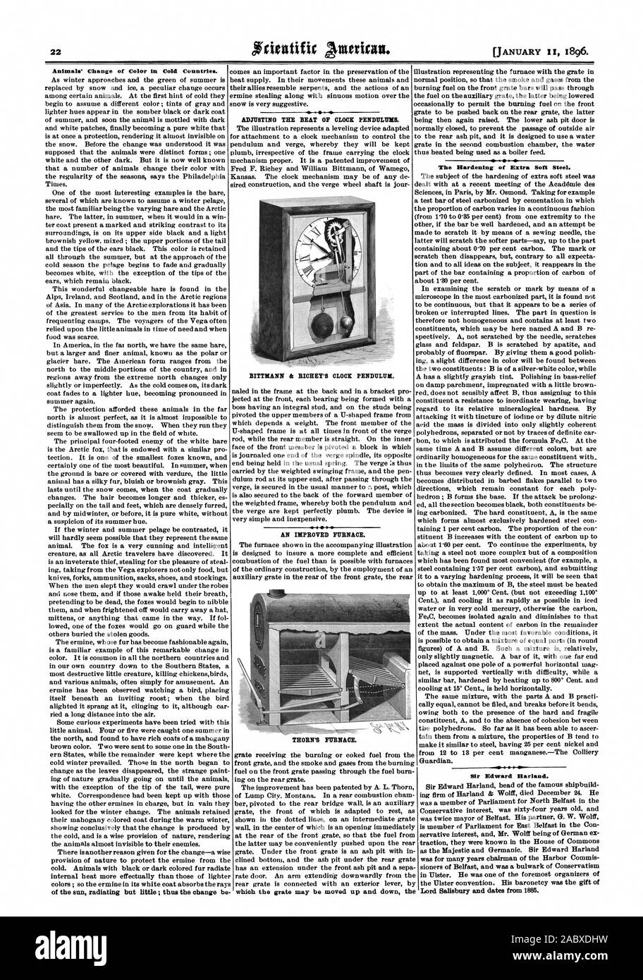 Tiere", um die Änderung der Farbe in Ländern mit kaltem Klima. BITTMANN & RICHEY'S UHR PENDEL. Eine verbesserte Ofen. Die Härtung von Extra weicher Stahl. Sir Edward Harland. Einstellen der Schlag der Uhr Pendel. . THORN OFEN., Scientific American, 1896-01-11 Stockfoto