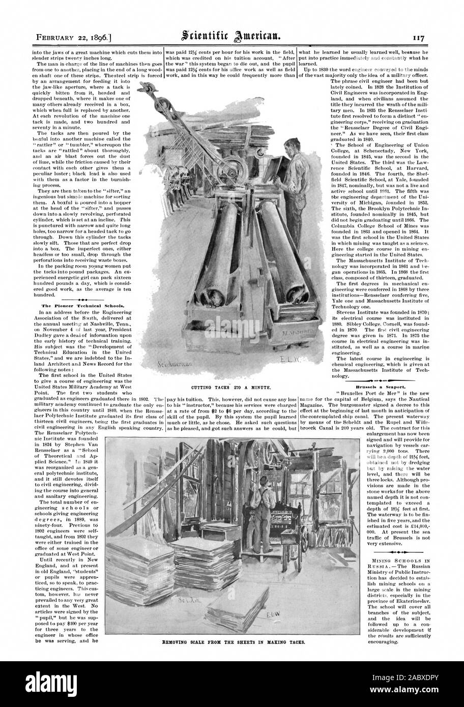 Der Pionier der Technischen Schulen. Bergbau SCHULEN IN EMOVING SKALA AUS DEN BLÄTTERN IN DIE REISSZWECKEN., Scientific American, 1896-02-22 Stockfoto