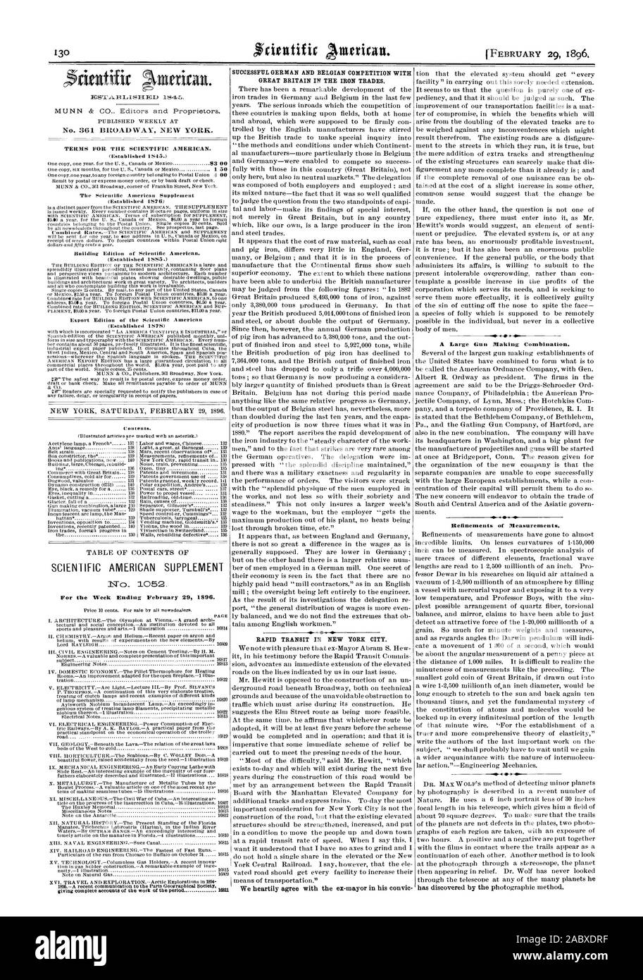 Veröffentlicht wöchentlich an Nr. 361 "BROADWAY NEW YORK. Bedingungen für den Scientific American. 83 00 Gebäude Ausgabe von Scientific American. (Gegründet 1885) Export Ausgabe des Scientific American (gegründet 1878) SCIENTIFIC AMERICAN SUPPLEMENT für die Woche bis 29. Februar 1896. Erfolgreiche deutsche und belgische KONKURRENZ MIT GROSSBRITANNIEN IN DER EISEN handelt. RAPID TRANSIT IN NEW YORK CITY. Wir stimmen sehr mit der ex-Bürgermeister in seinem couvic ein großes Gewehr die Kombination. Verfeinerungen von Messungen., 1896-02-29 Stockfoto