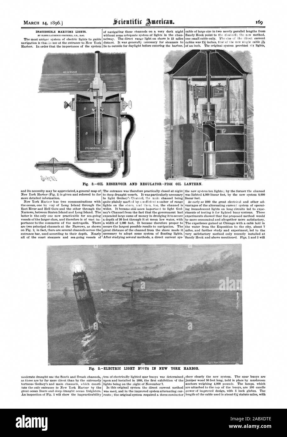 März 14 18961 UNZUGÄNGLICHEN MARITIME LEUCHTEN. Abb. 3 ÖLBEHÄLTER UND REGLER - FISCHÖL Laterne. Abb. 2 ELEKTRISCHE LEUCHTTONNEN IN NEW YORK HARBOR., Scientific American, 96-03-14 Stockfoto