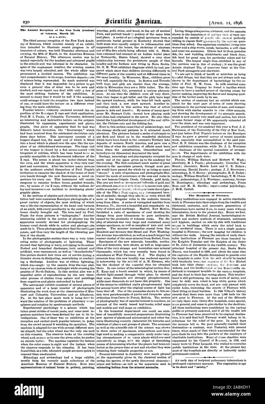 Die jährlichen Empfang der New Yorker Akademie der Wissenschaften am 26. März. Durch E.0. HOVE. Darstellungen der tierischen Formen in der Keramik Malerei Gewinnung von Helium aus dem Mineral monazit. Die Krankenhäuser von Florenz., Scientific American, 1896-04-11 Stockfoto