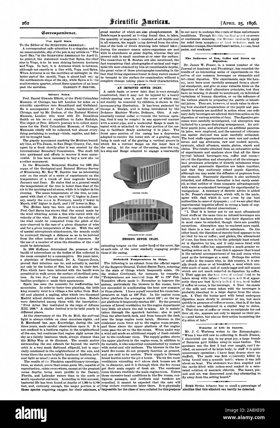 Die April Sterne. Wissenschaft Notizen. Eine verbesserte Abwasserkanal Einlass. Stokehold Temperaturen in Schiffe. unmöglich für die Klasse der Männer trug zu diesem Zweck in unserer Marine die Belastung dieser unglücklichen Bedingungen zu unterziehen. Obwohl das Schiff hat noch keine schweren oder kontinuierliche dämpfen die Feuerwehrleute immer wieder für Entlastung von den Symptomen von Beat Irritation wie Muskelkrämpfe, ungeordneten Herz Aktion übelkeit Kopf Schmerzen und Schwäche." Der Einfluss von Tee, Kaffee und Kakao auf die Verdauung. Amtsblatt der Anatomie und Physiologie hat die Ergebnisse einer interessanten Serie von Experimenten auf der Aktion des aufgezeichnet Stockfoto
