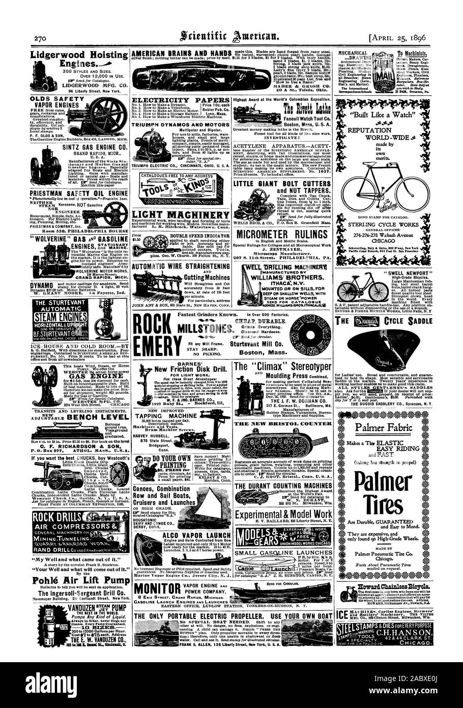 Palmer tres 4 DAS DURANT ZÄHLMASCHINEN Kanus Kombination Zeile und Segelboote Kreuzer und startet HOUSATONIC SKIFF UND KANU CO. DERBY CONN. Experimentelle & Modell Arbeit GESTEINSBOHRHÄMMER KOMPRESSOREN & clNP WRk 'c ALCO VAPOR STARTEN Chicago. qiis IA .70 Essen. IR. la t bei filtOW. 71 V. Kanu 'My Welland was kam heraus.'' ihr Gut und was wird aus ihm heraus kommen." pohle Air Lift Pumpe in Richtung. Chvainless Fahrrad. Starten Sie die MOTOREN UND STARTET CASOLINE VANDUZEN' Jr PUMPE EIS DAS BESTE IN DER WELT. Pumpen jede Art von Flüssigkeit. Die E. W. YANDUZEN CO 1896 Scientific American Inc., 1896-04-25 Stockfoto