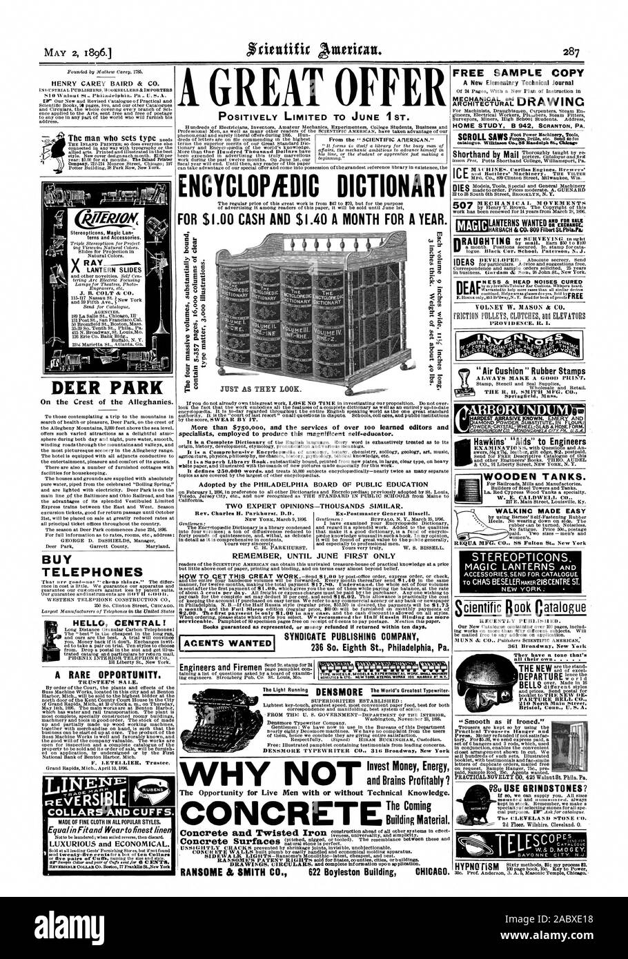Bristol Anschl. U. S. A. DIE NEUE ABFAHRT ofi 4 BAYO NNE CI TY. N.J. GIN ARBORUNDUIYI nur erinnern, bis Juni die ersten Bücher garantiert als vertreten oder Geld zurückerstattet, wenn innerhalb von 10 Tagen zurück. Praktische Hosenbügel und die CLEVELA ND STONE CO. SYNDICATE VERLAG 236... 8 St. Philadelphia Pa Ingenieure und Feuerwehrleute ICH TYP RÄDER. Modelle ILE XPERINIENT AL arbeiten. Heult WENINERY NEUHEITEN & ETC. NEW YORK 417 ENCIL WERKE 101 NASSAU IIT NT., Scientific American, 1896-05-02 Stockfoto
