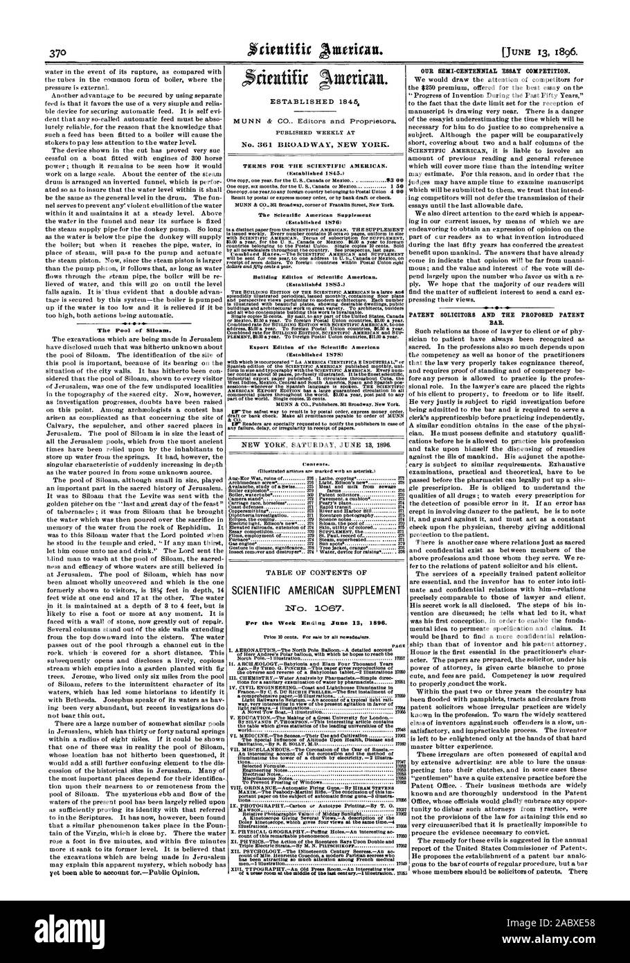 Der Teich Siloah. Noch forPublic Stellungnahme zu berücksichtigen. Bedingungen für den Scientific American. (Gegründet 1545). Eine Kopie eines Jahres. Für die USA Kanada oder mexic 3 00 Der Scientific American Supplement (gegründet 1576) Gebäude Ausgabe von Scientific American. (Gegründet 1585) Export Ausgabe des Scientific American (gegründet 1578) SCIENTIFIC AMERICAN SUPPLEMENT 1. 1067. Für die Woche Eliding 13 1396 Juni. Es weg. Sehr interessant im Hinblick auf die gegenwärtigen Agitation zugunsten von Licht rallways.-4 Illustrationen 17054 M7042 ons Ausgewählte Formulte Holey kinetoscope Die vier gibt Stockfoto