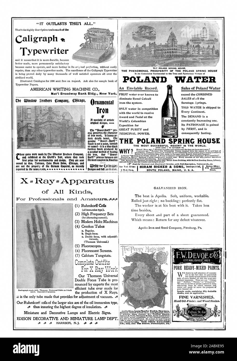 Ausstellung für große Reinheit und X-Ray-Vorrichtung (1) Ruhmkorff Spulen (3) Moderne Holtz Maschinen (4) Crookes Rohre (6) fluoreszierende Bildschirme. Unsere Thomson Universal Doppel Schwerpunkt Rohr ist pro Epidermis durch Experten, die die Herstellung der Röntgenstrahlung die meisten. Es ist das einzige Rohr vorgenommen, die für die Einstellung der Vakuum. ot Miniatur und dekorativen Lampen und E-Zeichen. EDISON DEKORATIVE UND MINIATUR LAMPE DEPT. Ich reine bereit - IIIIIXED LACKE. Feine Lacke. Harte Oil-Finish und Holzbeizen. Fr. k, Scientific American, 1896-07-25 Stockfoto
