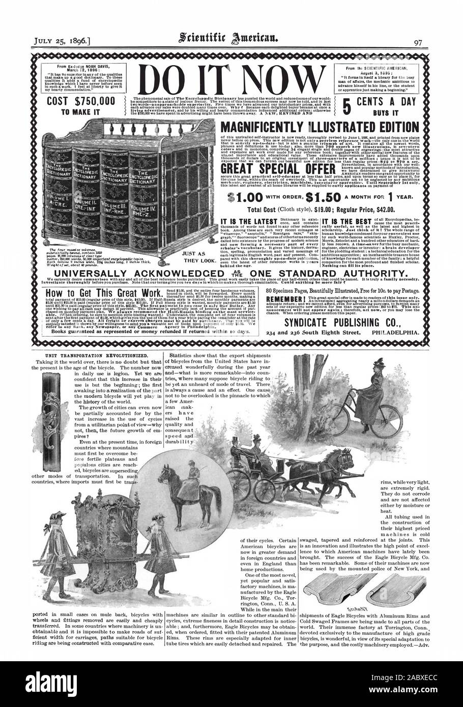 Von Ex-Judge NOAH DAVIS März 121896: ES N aus dem Scientific American August 31896: Kosten $ 150000, um CENTS EIN TAG KAUFT IONARY mürrisch nattily benntd. Enthalten 5369 SO WIE SIE aussehen. Prächtig illustrierten Ausgabe große ANGEBOT hinter dem Alter. Es ist DIE NEUESTE ALLGEMEIN ANERKANNT EIN % EIN STANDARD AUTORITÄT. SYNDICATE PUBLISHING CO.234 und 236 südlich der Achten Straße PHILADELPHIA. a.". 4 - 4 ' a a Sa aa a a Ira. Einheit TRANSPORT REVOLUTIONIERT., 1896-07-25 Stockfoto