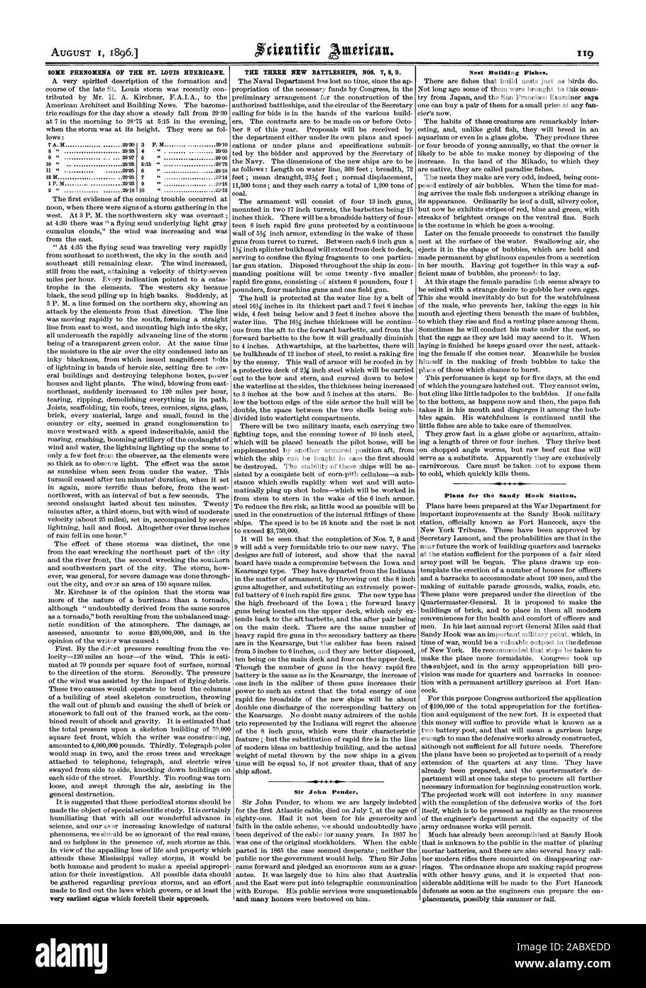 SONE PHÄNOMENE DER ST. LOUIS HURRIKAN. Sehr Zeichen, die ihre Annäherung Voraussagen frühesten. THZ DREI NEUE SCHLACHTSCHIFFE NOS. 7 8 9. Sir John Kotflügel. Nestbau Fische. Die Pläne für die Sandy Hook., Scientific American, 1896-08-01 Stockfoto
