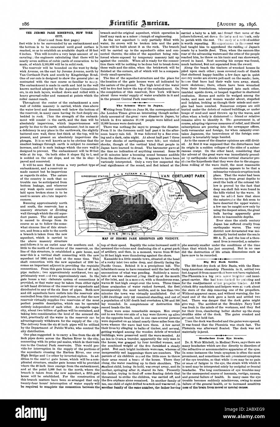 Die JEROME PARK RESERVOIR NEW YORK CITY. Die seismischen Welle in Japan. Karte von JEROME PARK RESERVOIR UND UMGEBUNG. Biz Trockendock vereinbart. Kopfschmerzen von Belastung der Augen. DT EIS J1 CriP. (1" 6 PS u EPITY RTLANDT KINGSBRIDGE STATION PARK & PUTNAM, Scientific American, 1896-08-29 Stockfoto