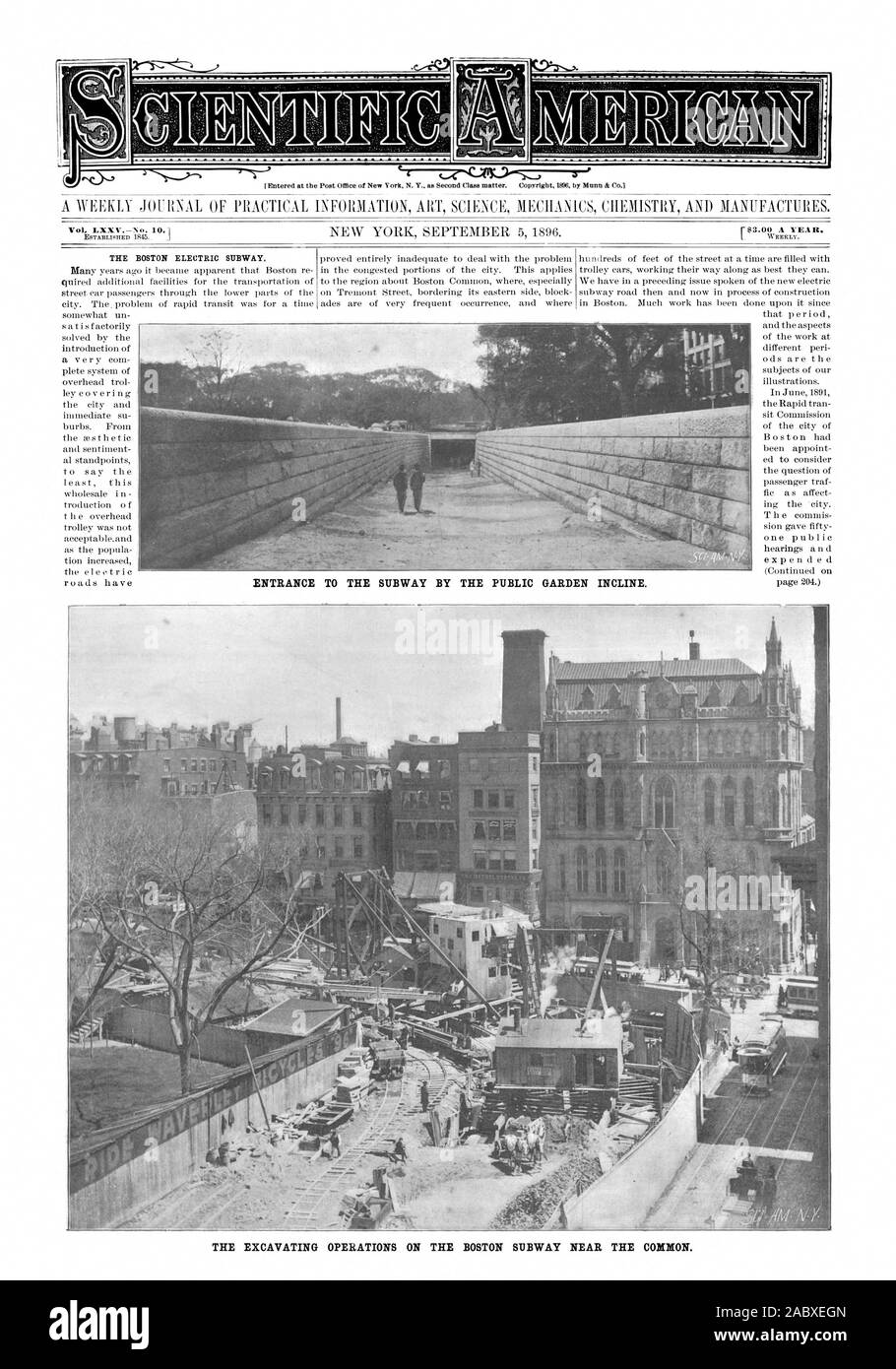 Die BOSTON ELECTRIC U-Bahn. Eingang zur U-Bahnstation VON DER ÖFFENTLICHEN GARTEN, neigen Sie die Bagger ARBEITEN AN DER U-Bahn in der Nähe des Boston Common., Scientific American, 1896-09-05 Stockfoto