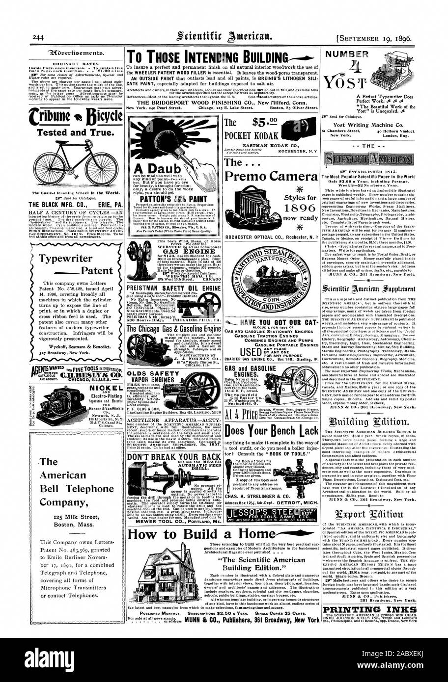 Für diejenigen, die beabsichtigen, BUILDINV. - DIE BRIDGEPORT HOLZ FINISHING CO. Neue flilford Anschl. PREISTMAN SICHERHEIT ÖL MOTOR PA., verwenden Sie jedoch die MEWER AUTOMATIC FEED BOHREN. MEWER TOOL CO PORTLAND MICH. POCKET KODAK EASTMAN KODAK CO. ROCHESTER N. Y Die. . . Premo Kamera Stile für 1896 nun ROCHESTER OPTICAL CO. Rochester N.'r Ihre Bank Fehlen 7 {o Getestet und Wahr. . Die SCHWARZE MFG. Co.ERIE PA. Schreibmaschine Patent- UND AGENTUR. CHICAG I LL. Die US-amerikanischen A-NICKEL 0,1). Electro-Plating &Lt;1 1 -=-'.. e-Co ich Die (American Bell Telephone Company Boston Mass. Diese Firma besitzt Buchstaben Mikrofon- oder Stockfoto