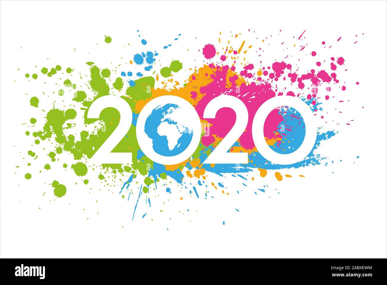 Neues Jahr: 2020 mit bunten Flecken, Weltkarte innen lackiert. Grußkarte Material für die Umwelt. Stockfoto