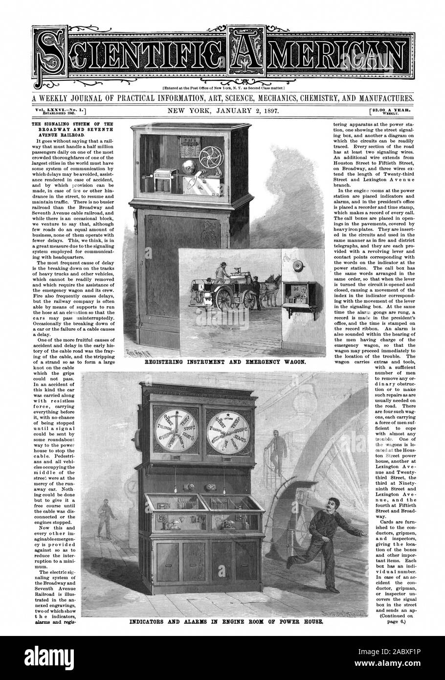 Registrieren INSTRUMENT UND NOTFALL wagen. Indikatoren und ALARME IM MASCHINENRAUM DER POWER HOUSE. Das Meldesystem des Broadway und Seventh Avenue Eisenbahn. Alarme und Regis, Scientific American, 1897-01-02 Stockfoto