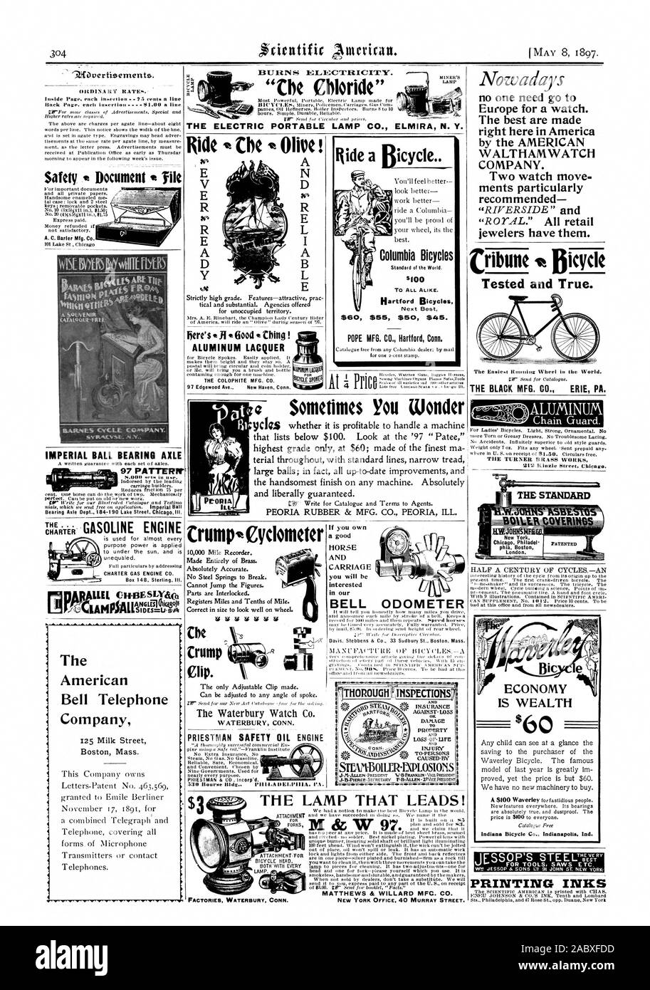 8. MAI 1897. Das Chlorid BUIZINIS'' DER ELEKTRISCHEN TRAGBARE LAMPE CO. ELMIRA N.Y. Olivenöl! Aluminium Lack der COLOPHITE MFG. Co.97 Edgewood Avenue New Haven Anschl. Columbia Fahrräder $ 60 $ 55 $ 50 $ 45. Papst MFG CO Hartford Anschl. 9 CleS, ob es sich lohnt ist eine Maschine höchster Qualität nur bei $ 60 zu behandeln; aus feinstem Ma terial im Gesamten mit standard Linien schmale Spurweite 212 Kinzie Street Chicago. Die handsomest Ende auf jeder Maschine. Absolut und liberal garantiert. PEORIA GUMMI- & MFG. Co.PEORIA KRANK. c Manchmal wundern Sie Lagerachse Abt. 184-190 Lake Street. Chieago. III. Die Stockfoto