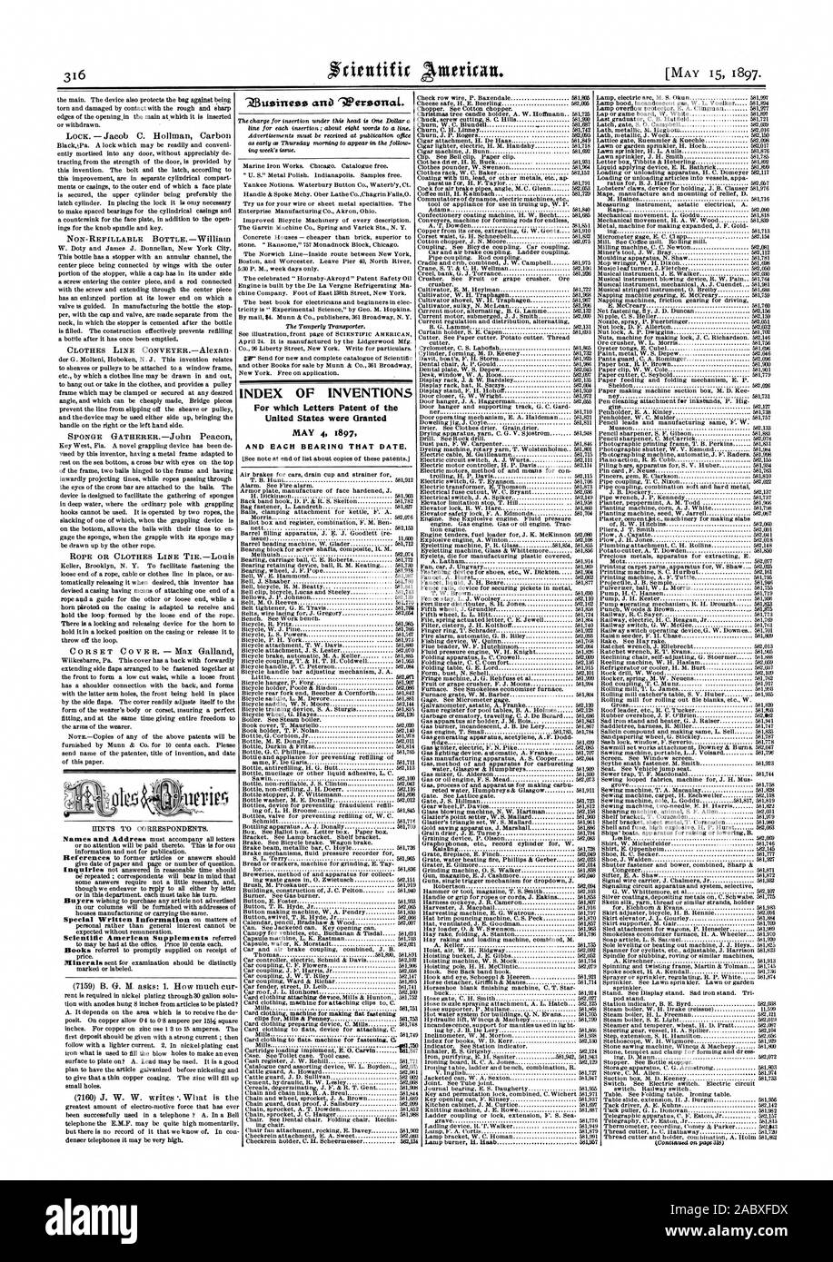 INDEX DER ERFINDUNGEN, für die Patentschriften der Vereinigten Staaten zum 4. Mai 1897 UND JEDES LAGER DIESEM DATUM gewährt wurden. Arta ztusinessis Wersonal., Scientific American, 1897-05-11 Stockfoto