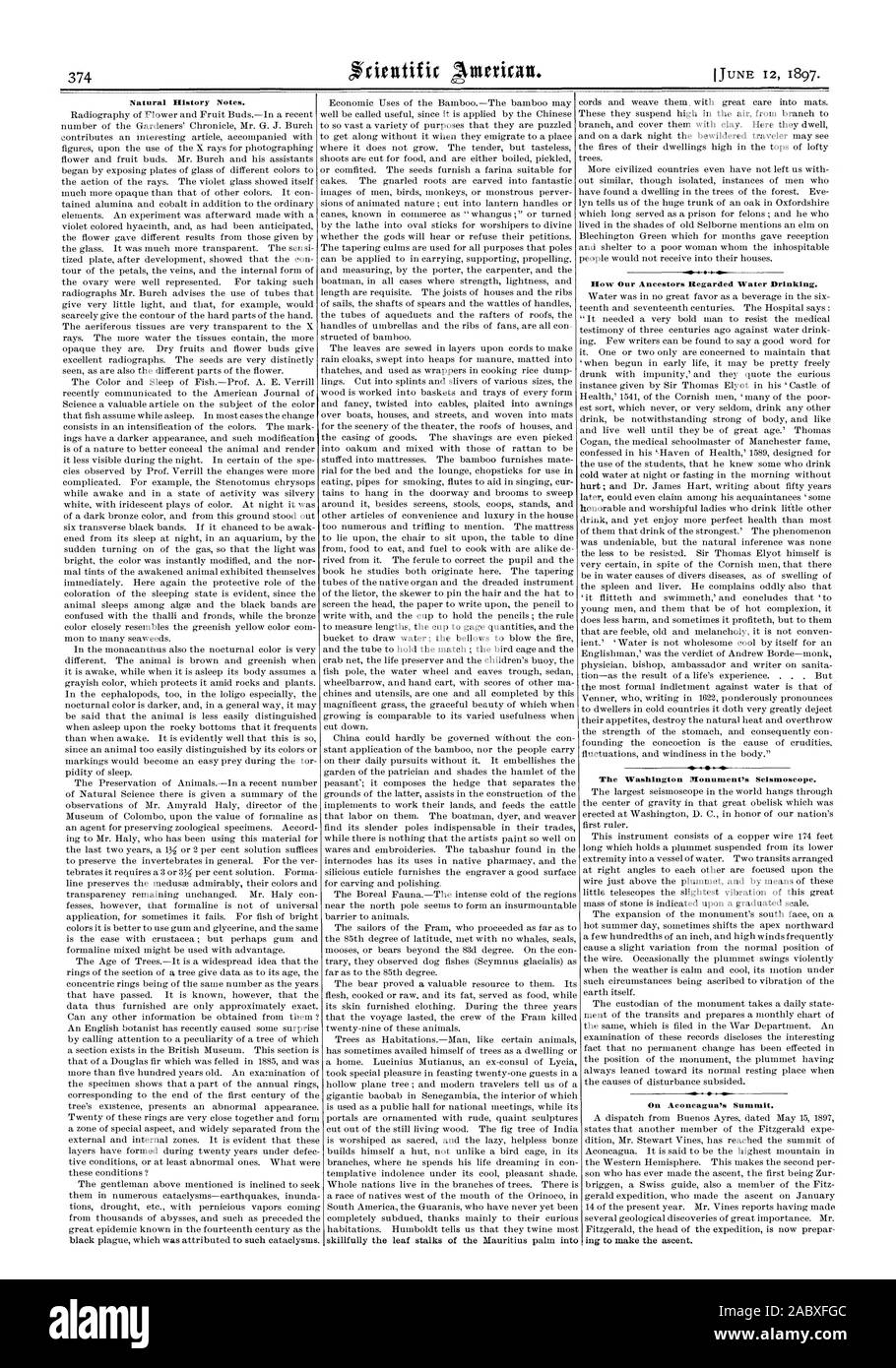 Natural History Notes. Wie unsere Vorfahren Wasser trinken betrachtet. Das Washington Monument Seismoscope. Auf dem Gipfel des Aconcagua., Scientific American, 1897-06-12 Stockfoto