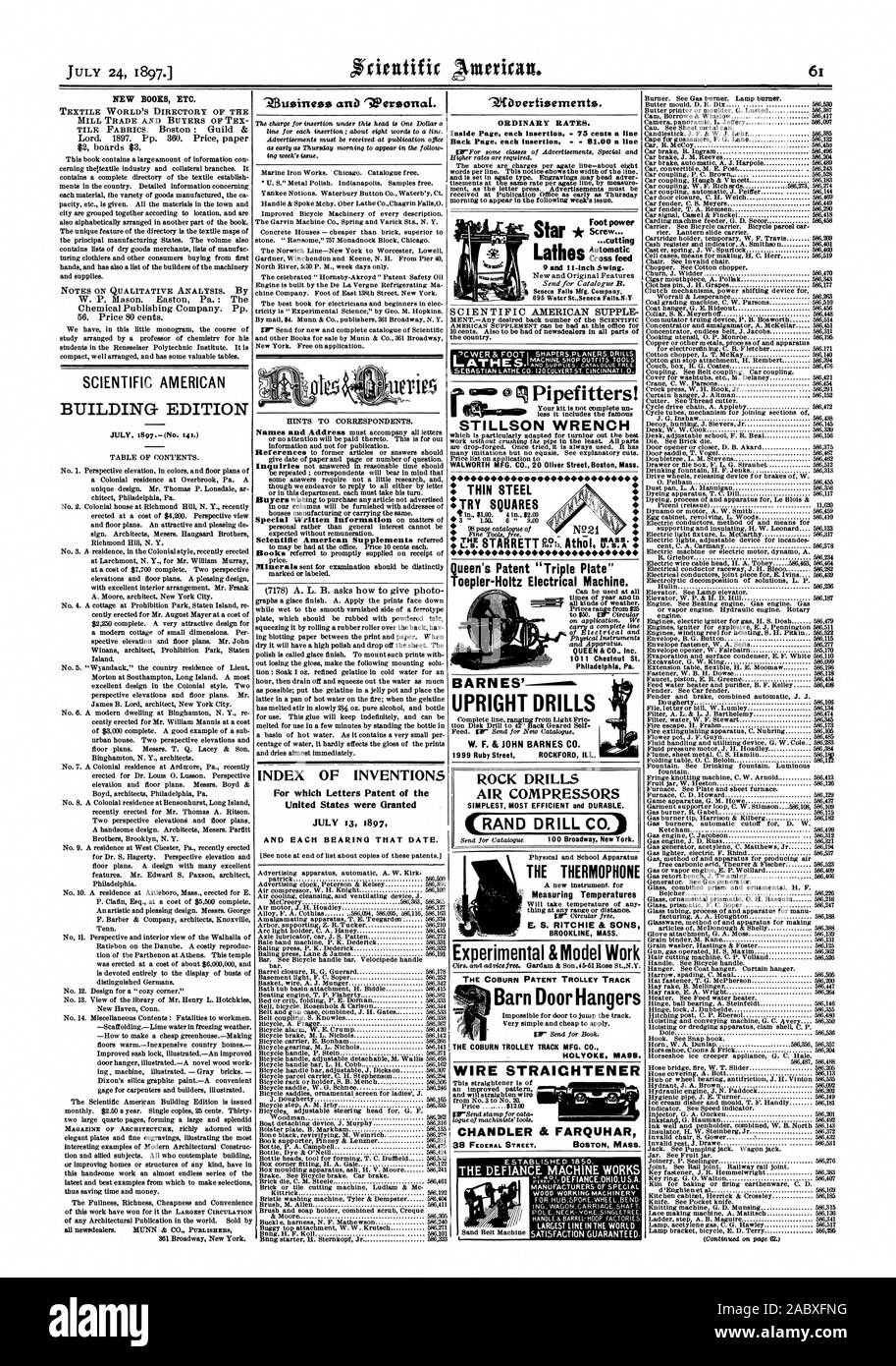 Und Apparat. 10 Chestnut St. Philadelphia Pa Barnes' aufrecht Bohrer 1999 Ruby Street ROCKFORD KRANK. Gegründet 1850. Die DEFIANCE MASCHINE ARBEITET wAGONGARRIAGESHAF T. GRÖSSTEN DER WELT ZUFRIEDENHEIT GARANTIERT., Scientific American, 1897-07-24 Stockfoto