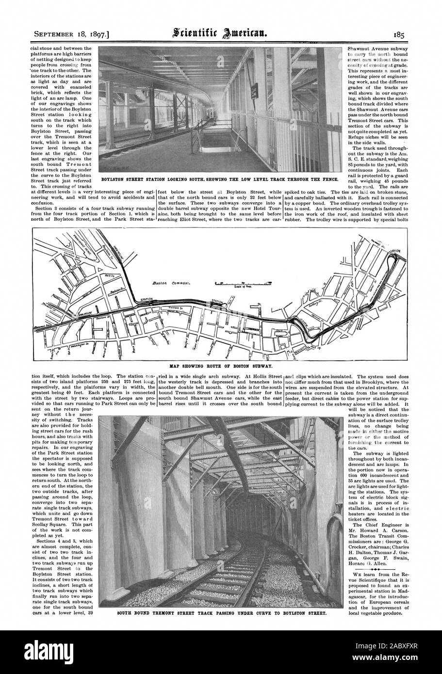 BOYLSTON STREET STATION NACH SÜDEN ZEIGT DAS NIEDRIGE NIVEAU TRAC K DURCH DEN ZAUN. Karte mit Route von Boston U-Bahn. Stand GEBUNDEN TREMONT STREET TRACK vorbei unter Kurve auf der Boylston Street., Scientific American, 1897-09-18 Stockfoto