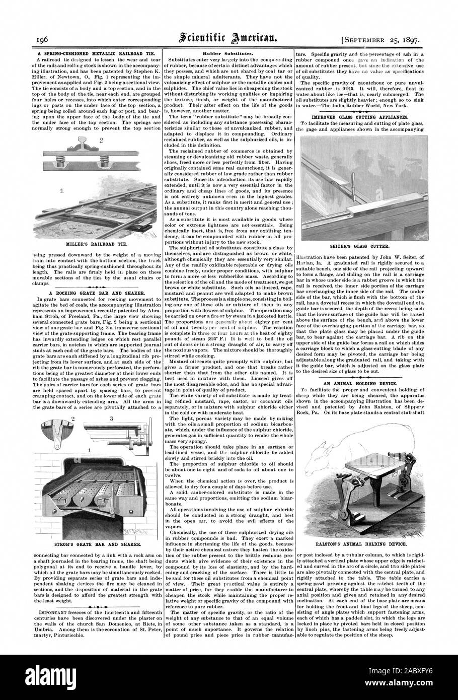 Eine Feder - GEPOLSTERTE METALLISCHE RAILROAD binden. MILLER'S RAILROAD binden. Eine ROCKIGE KAMIN BAR und Shaker. Das STROH KAMIN BAR und Shaker. Gummi ersetzt. Verbesserte Glas schneiden Appliances. Die SEITER GLAS MESSER. Ein Tier. RALSTON'S ANIMAL HALTEVORRICHTUNG., Scientific American, 1897-09-25 Stockfoto