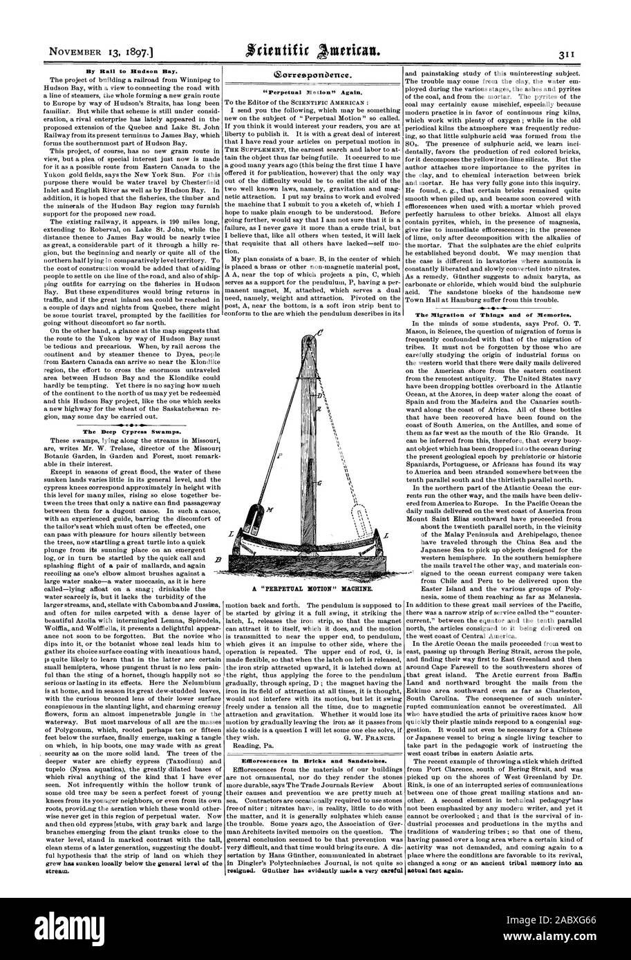 Per Bahn in die Hudson Bay. Die tiefen Sümpfe von Cypress.stream. (GorresponDence. "Perpetual Motion" wieder. Ein "Perpetuum Mobile"-Maschine. Eifiorescences in Ziegel und Sandsteine. Die Migration der Dinge und der Erinnerungen., Scientific American, 1897-11-13 Stockfoto