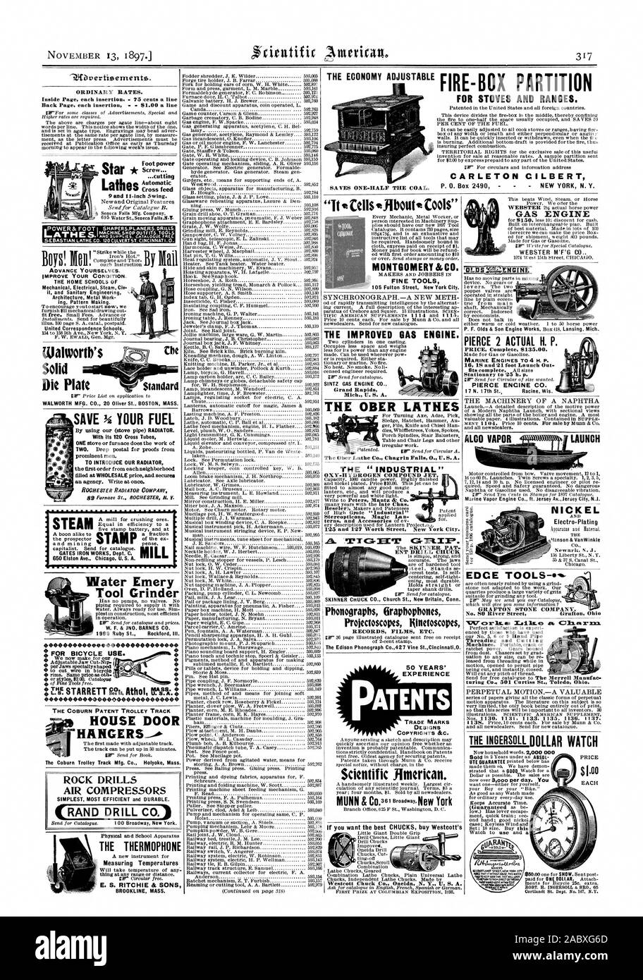 Hno-BOHRFUTTER SKINNER CHUCK CO Kirche St. New Britain Anschl. phonographen 6 raphopbones Projectoscopes Kinetoscopes Datensätze, Filme usw. 50 JAHRE ERFAHRUNG PATENTE MARKEN DESIGN COPYRIGHT & C. Scientific American. C 33,81 r Ram. 1897 Scientific American Inc., 1897-11-13 Stockfoto