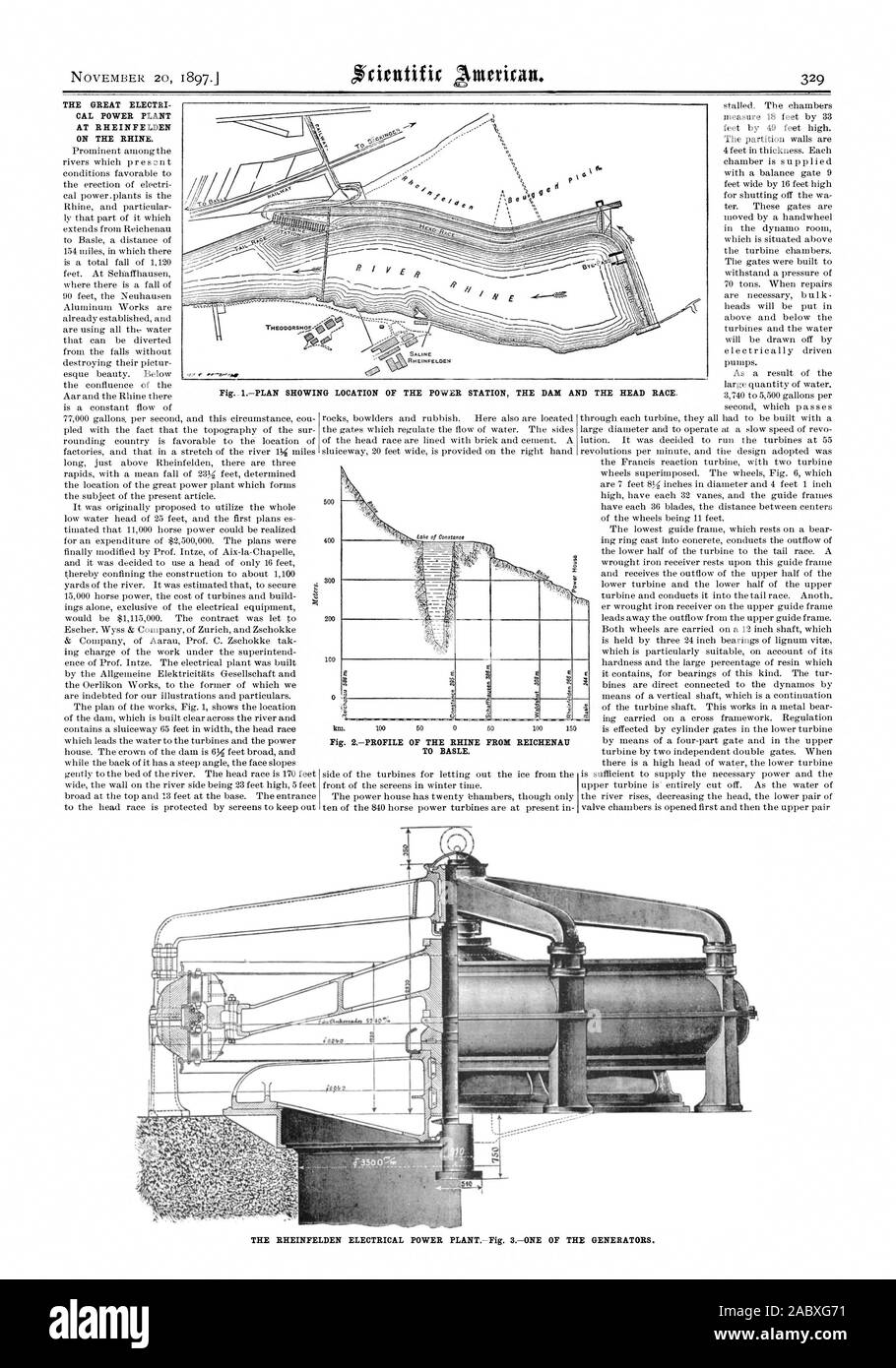 Nach Basel. Die große ELECTRI CAL KRAFTWERK RHEINFELDEN AM RHEIN. SALINE RHEINFELDEN, Scientific American, 1897-11-20 Stockfoto
