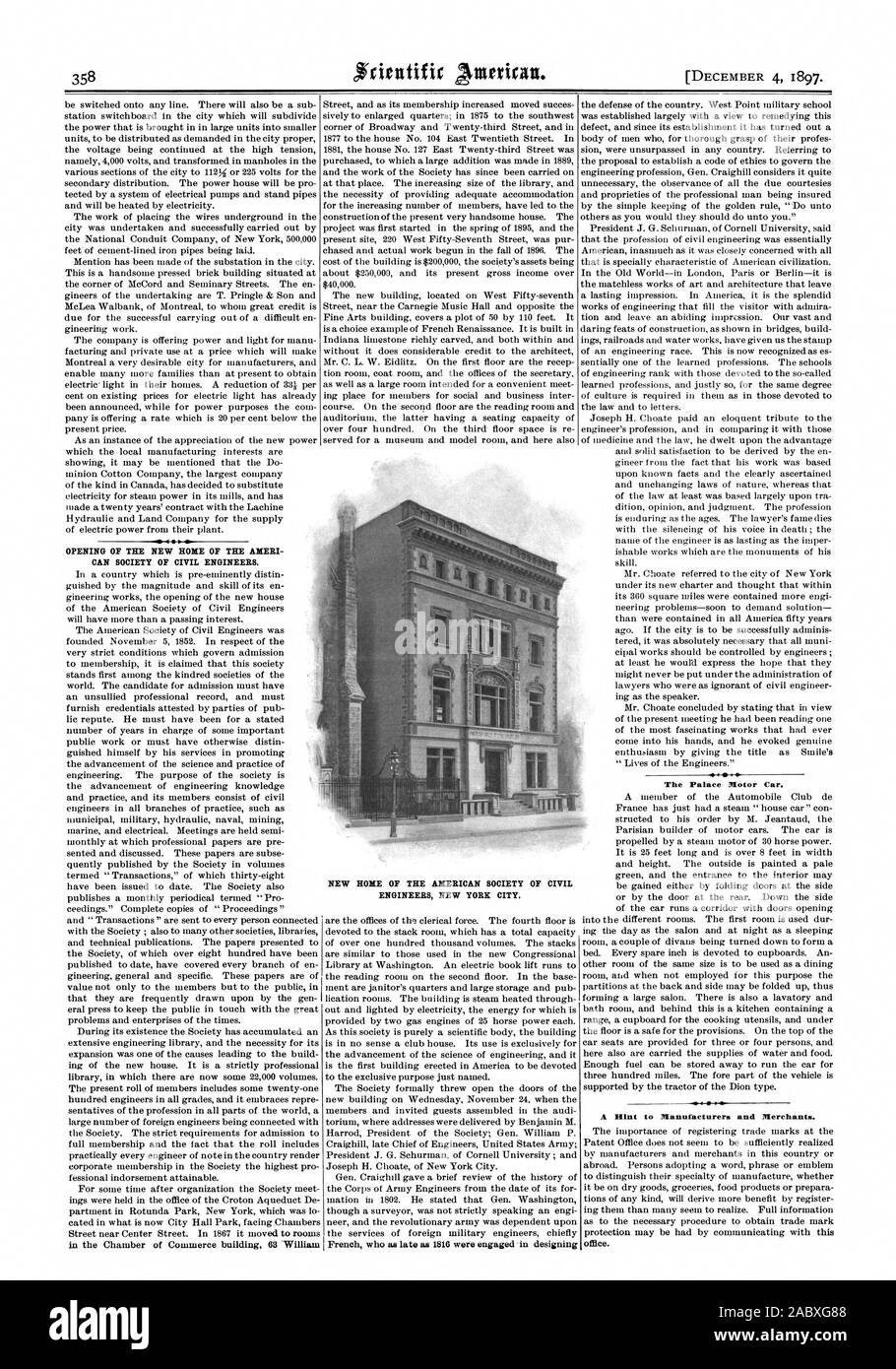 Kann die Gesellschaft der Bauingenieure in der Handelskammer Gebäude 63 "William Französisch, die so spät wie 1816 bei der Gestaltung 4 ich den Palast Pkw beteiligt waren. 4 ein Hinweis auf Hersteller und Händler. Büro. Neue Heimat DER AMERIKANISCHEN GESELLSCHAFT DER BAUINGENIEURE IN NEW YORK CITY., Scientific American, 1897-12-04 Stockfoto