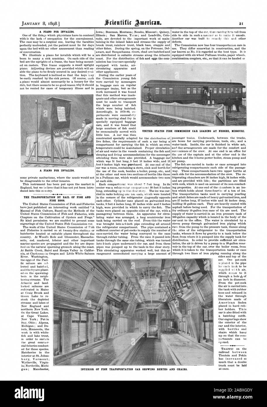 Ein Klavier für Invaliden. Ein Klavier für Invaliden. Der TRANSPORT AUF DER SCHIENE VON FISCH UND EIER. UNITED STATES FISH KOMMISSION AUTO BELADEN an NEOSH MISSOURI. Innenraum DER FISCHE TRANSPORT AUTO ZEIGEN, Schlafplätze und Stühlen., Scientific American, 1898-01-08 Stockfoto