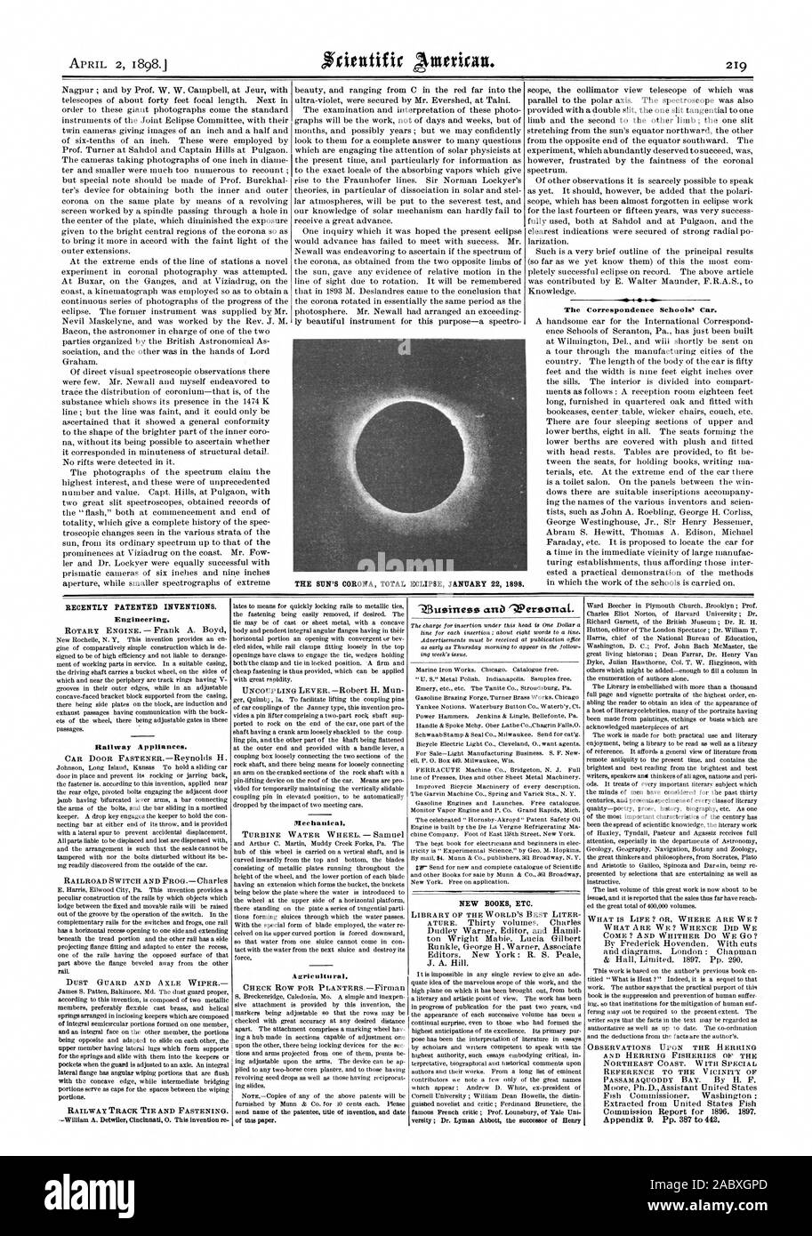 Die SONNENKORONA TOTAL ECLIPSE 22. JANUAR 1898. Vor kurzem patentierten Erfindungen. Engineering. Railway Appliances. Mechanisch. TURBINE WASSERRAD. - Samuel NEUE BÜCHER ETC. J. A. Hill., Scientific American, 1898-04-02 Stockfoto