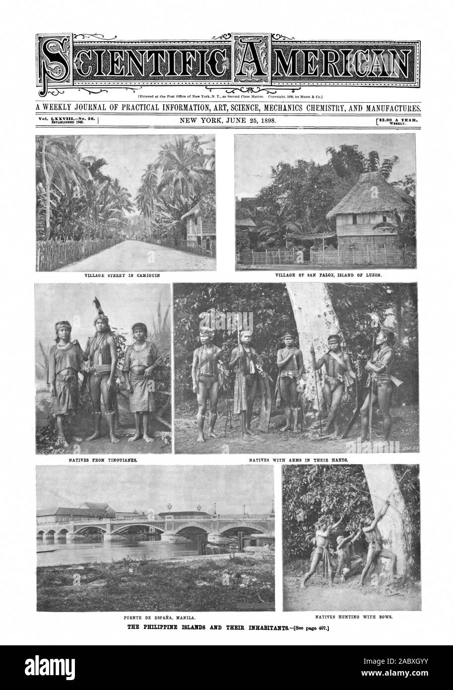Dorf Straße LN CAMIGUIN DORF SAN PALOZ INSEL LUZON. PUENTE DE ESPANA MANILA. Einheimische Jagd mit Bogen., Scientific American, 1898-06-25 Stockfoto