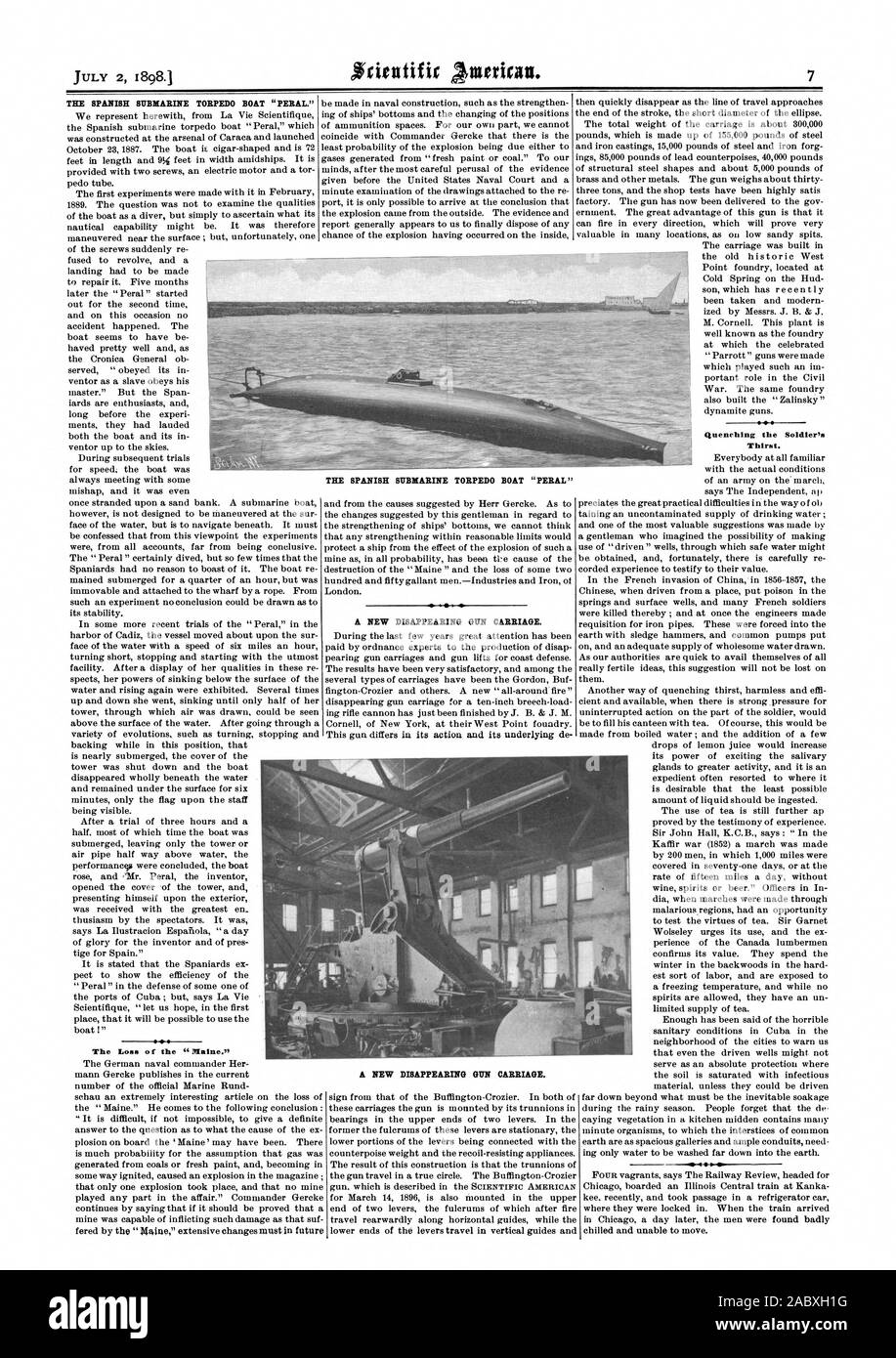 Die spanische SUBMARINE TORPEDO BOOT 'PERAL." Der Verlust der Abschreckung des Soldaten Durst. Eine Neue DISAPPEARING GUN BEFÖRDERUNG. Die spanische U-BOOT TORPEDOBOOT" peral "EINE NEUE DISAPPEARING GUN BEFÖRDERUNG., Scientific American, 1898-07-02 Stockfoto