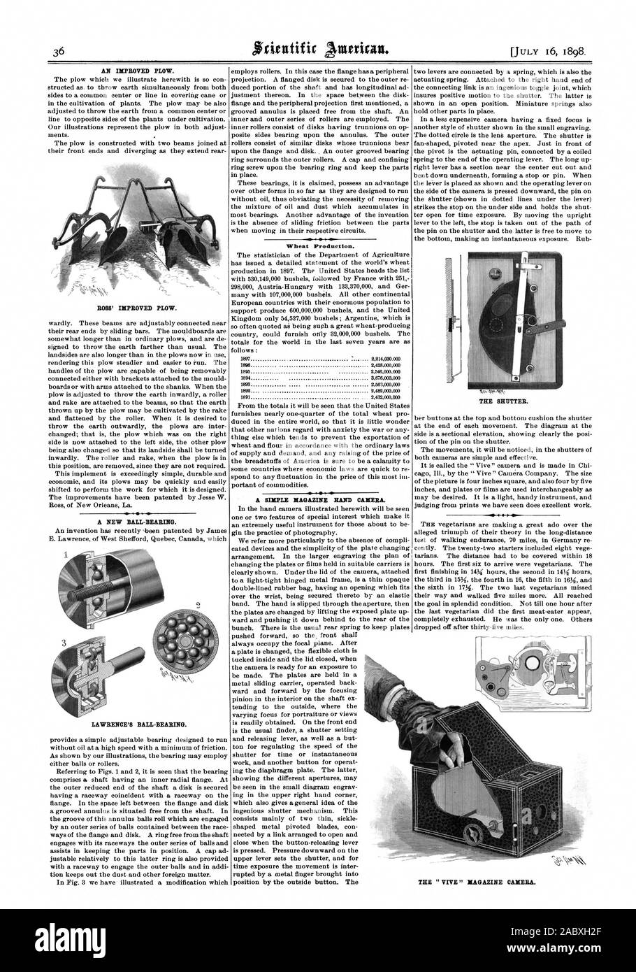 Eine verbesserte Pflug. ROSS' verbesserte Pflug. Weizen Produktion. Eine einfache Zeitschrift HAND KAMERA. Den Auslöser. Die "Vive" Magazin Kamera., Scientific American, 1898-07-16 Stockfoto