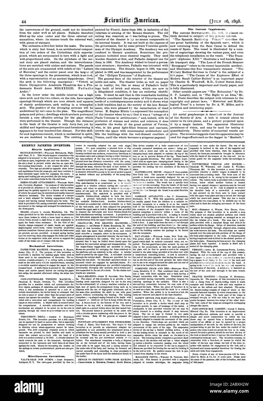Die aktuelle Ergänzung. Vor kurzem patentierten Erfindungen. Fahrrad Appliances. Mechanische Erfindungen. Papier-TUBE MASCHINE. - FREDERICK S. BARUS Sonstiges Erfindungen., Scientific American, 1898-07-11 Stockfoto