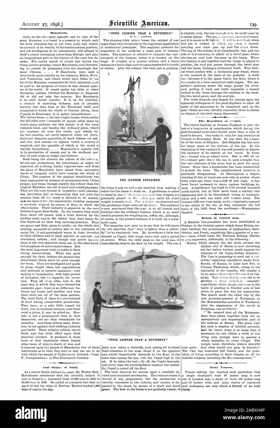 Amor LEICHTER ALS EIN SCHMETTERLING. Die ILLUSION ERKLÄRT. Die Verwüstung von Cromer. VD .1 Russland in Zentralasien. Elfenbein Furniere. Dick. "CUPID LEICHTER ALS EIN SCHMETTERLING., Scientific American, 1898-08-27 Stockfoto