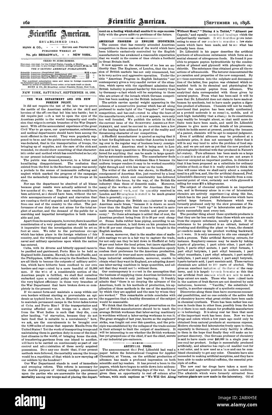 Gegründet 1845. Nr. 361 Broadway - NEW YORK. Der Krieg ABTEILUNG UND UNSERE NEUE AUSSENPOLITIK. Sterblichkeit unter unserer Truppen und der Platzierung der Abfahrt auf eine Fußnote, die es ermöglichen soll es Erfolg AMERIKANISCHEN FORTSCHRITT IN ENGLISCH Industrie zu bewältigen. Künstliche Essen. Ohne Fleisch ''Ess Es la Tablette'' Nahrungsmittel pro, Scientific American, 98-09-10 Stockfoto