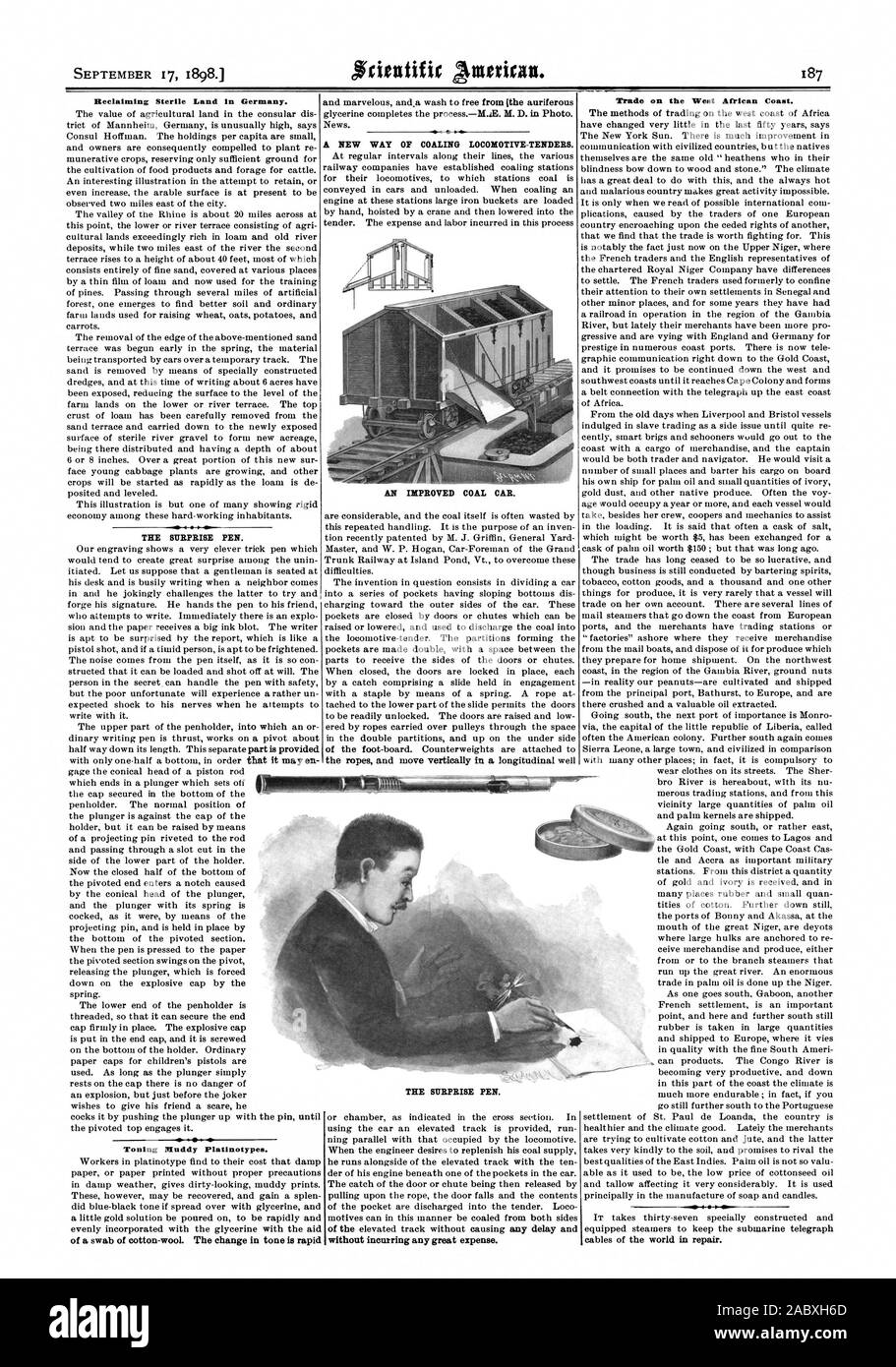 Rückgewinnung von sterilen Land in Deutschland. Die überraschung PEN. Toning schlammigen Platinotypes. Eine verbesserte KOHLE AUTO. Die überraschung PEN. Handel an der westafrikanischen Küste., Scientific American, 1898-09-17 Stockfoto