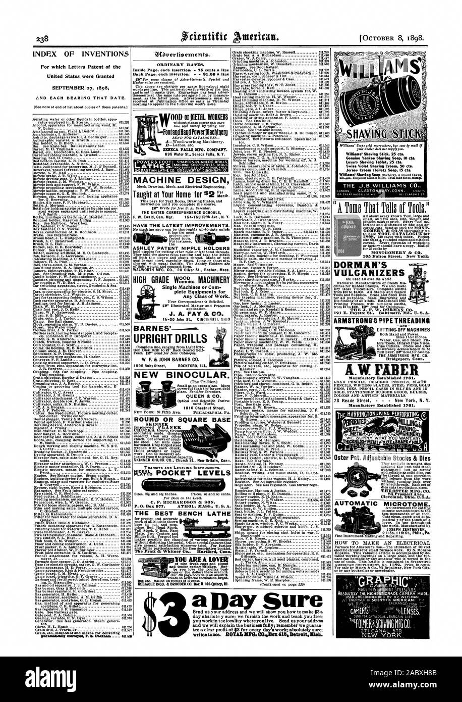 Cleveland Ohi USA AUTOMATISCHES MIKROTOM. JOSEPH ZENTMAYER INDEX DER ERFINDUNGEN, für die Buchstaben Patent in den Vereinigten Staaten erteilt wurden, 27. SEPTEMBER 1898 Barnes' AUFRECHT BOHRER W. F. & JOHN BARNES CO Tag Abs 3 Laute y sicher; wir liefern die Arbeit und Sie unterrichten; sie arbeiten im Ort, wo Sie leben. Senden Sie uns Ihre Adresse der ARMSTRONG MFG. Co.Bridgeport, Conn, Scientific American, 1898-10-08 Stockfoto