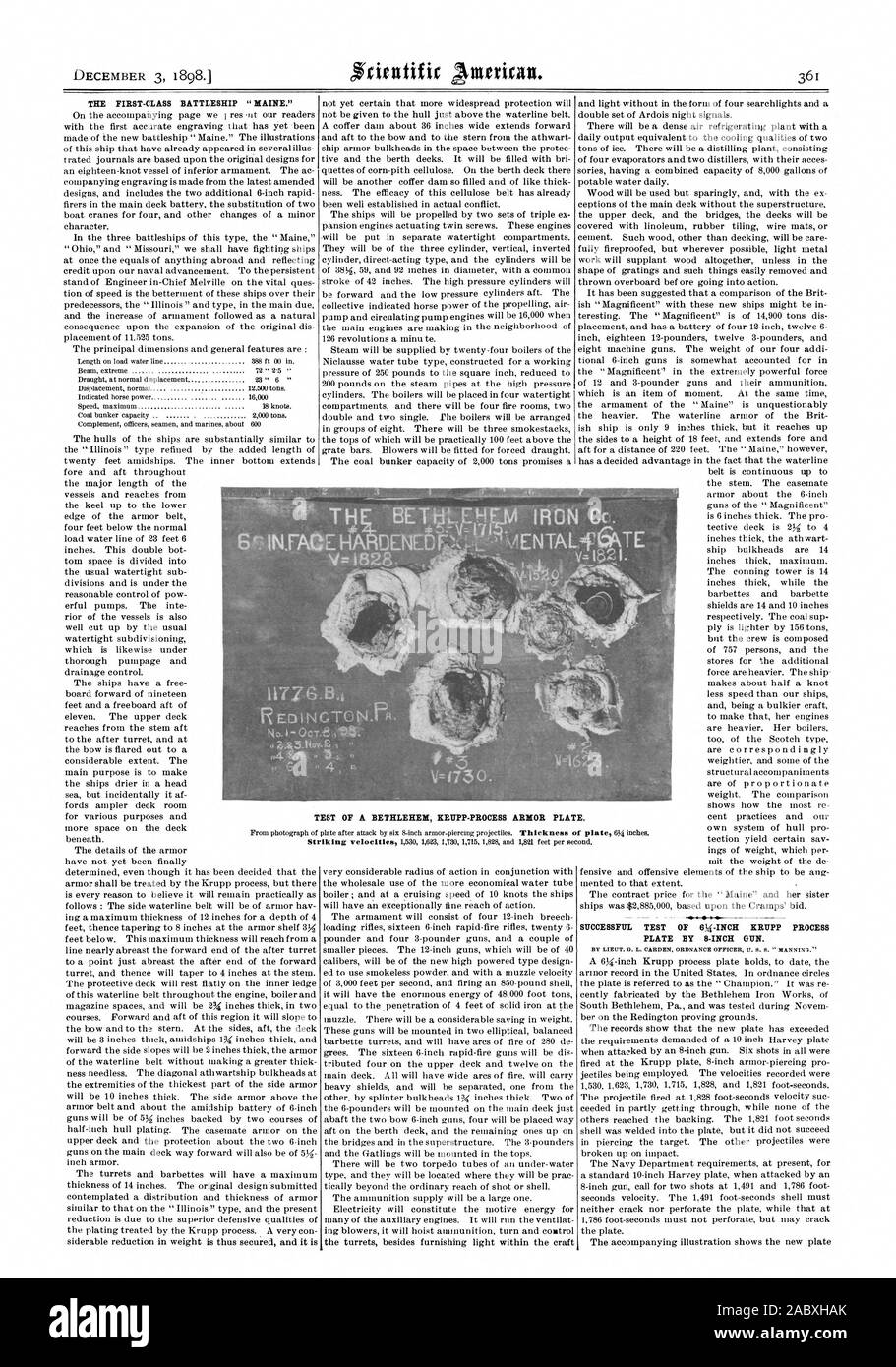 Die ERSTE KLASSE SCHLACHTSCHIFF "Maine." ERFOLGREICHER TEST DES 6k-ZOLL KRUPP PROZESS PLATTE, 8-INCH GUN. E.TEST EINER BETHLEHEM KRUPP-PROZESS RÜSTUNG PLAT, Scientific American, 1898-12-03 Stockfoto