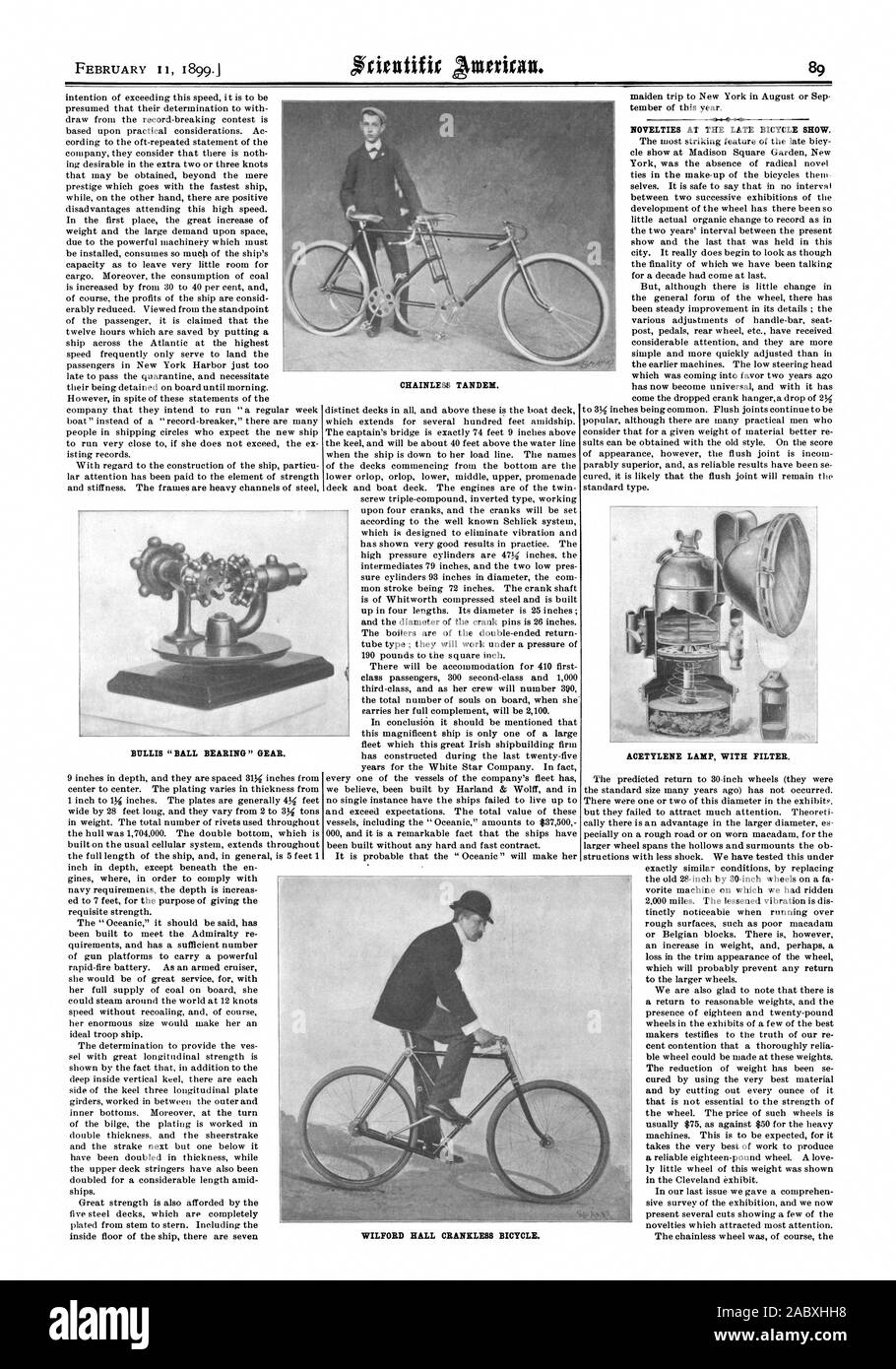 Kettenlose TANDEM. Neuheiten am späten Fahrrad zeigen. Acetylen LAMPE MIT FILTER. MILLIS 'KUGELLAGER' Gang. WILFORD HALL CRANKLESS FAHRRAD., Scientific American, 1899-02-11 Stockfoto
