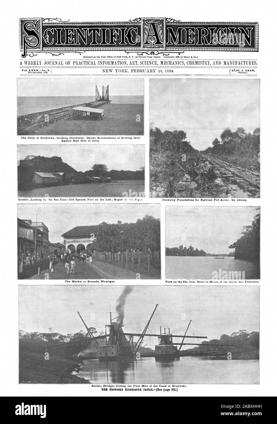 Der Markt in Granada. Nicaragua. Die vorgeschlagenen NICARAGUA CANAL [Siehe Seite 104. Co.00 EIN JAHR. Die Mole in Greytown suchen Nordwesten - Zeigt die Ansammlung von Flugsand gegen Osten von Steg. Cord Grundlagen für Eisenbahn Füllen über die nwamp. Können Sie suchen den San Juan - alten spanischen Festung auf der Linken; Stromschnellen zu den Rignt., Scientific American, 1899-02-18 Stockfoto