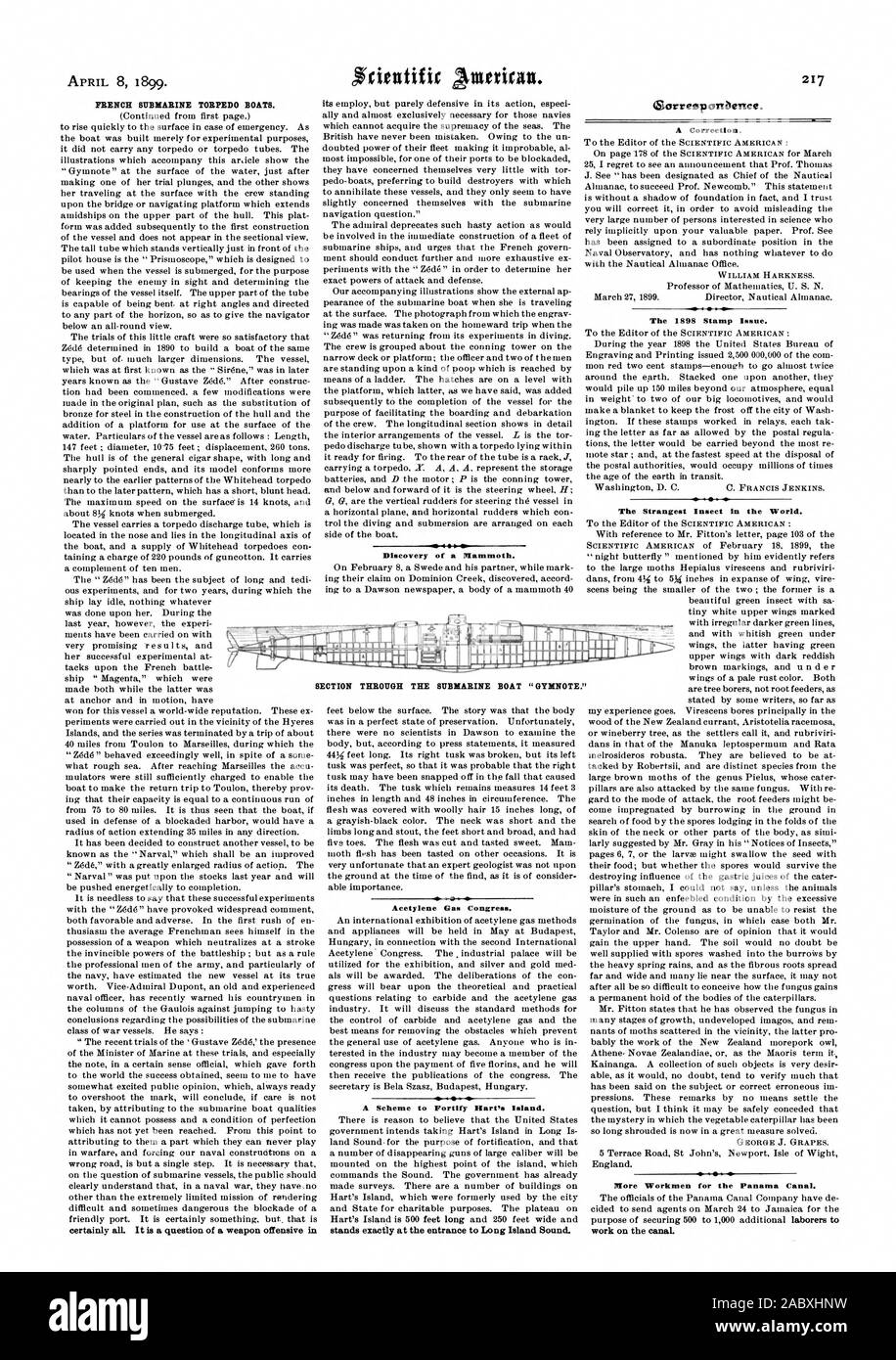 Am 8. April 1899. Französische U-BOOT TORPEDOBOOTE. Sicherlich ist es eine Frage der eine Waffe Offensive in der Entdeckung eines Mammuts. Acetylen Gas Congress. steht genau am Eingang zu den Long Island Sound. Gorresponbence. Eine Korrektur. Die 1898 Ausgabe. Das Seltsamste Insekt der Welt. Mehr Handwerker für den Panamakanal. Arbeiten auf dem Kanal ABSCHNITT DURCH DAS U-BOOT "GYBINOTE., Scientific American, 1899-04-08 Stockfoto