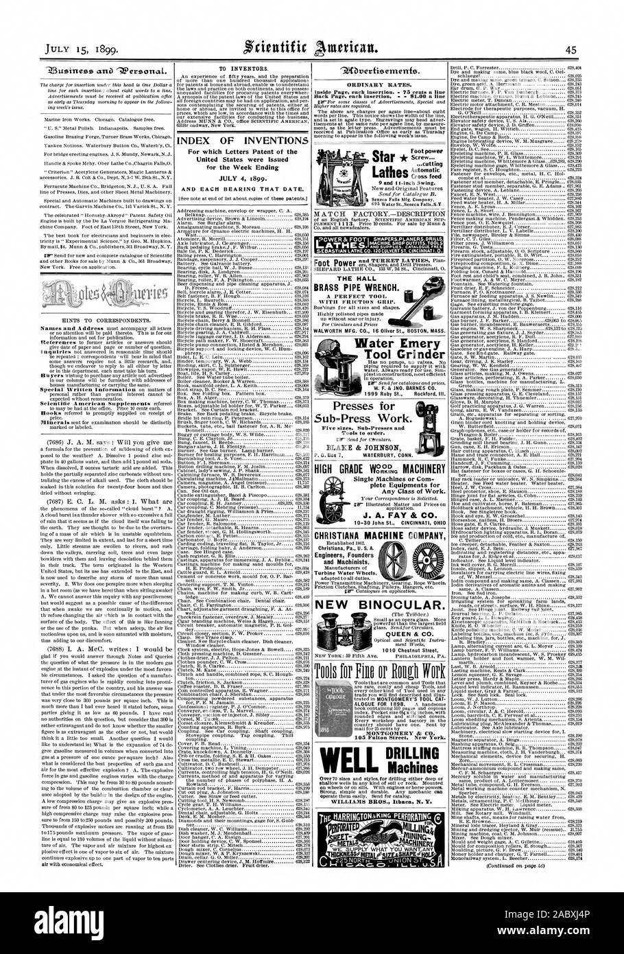 INDEX DER ERFINDUNGEN, für die Patentschriften der Vereinigten Staaten für die Woche bis 4. Juli 1899 erteilt wurden. MAT-CH.-BESCHREIBUNG SEBASTIAN DREHMASCHINE C 0.120 DÜKER ST. CINCINNAT1.0. SHEPARD LATHECO. 133 W. 50 St. Cincinnati 0. Die halle MESSING ROHRZANGE. Ein perfektes Werkzeug, mit Friction Grip. Pressen für Sub-Press Arbeiten. Fünf Größen. Sub-Presses und Tools zu bestellen. BLAKE & JOHNSON S. O. Kasten 7 WATERBURY CONN. Hochwertige gewinnen. Maschinen, einzelne Maschinen oder kom plette Ausstattung für jede Klasse Arbeit. J. A. FAY &. Co.10-30 John St CINCINNATI OHI CHRISTIANA PA USA A. Ingenieure Gründer und Stockfoto