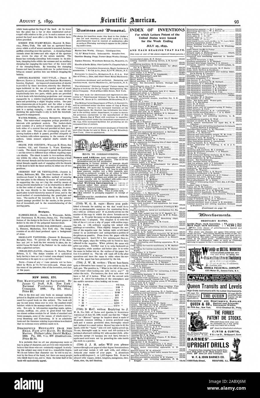 Vereinigten Staaten wurden für die Woche Ende '10 verfisemenfo ausgestellt. Normale Preise. Inside Seite jedem Einfügen 75 Cent eine Linie zurück Seite jedem Einfügen $ 1,00 eine Linie Königin Transite und Ebenen Optische und Wissenschaftlichen DIE FORBES PATENT STERBEN BESTÄNDE. CURTIS & CURTIS BARNES' aufrecht Bohrer 1999 Ruby Street ROCKFORD KRANK. Narr und Rod Power Maelligerll SENECA FALLS MFG. COMPANT., Scientific American, 1899-08-05 Stockfoto