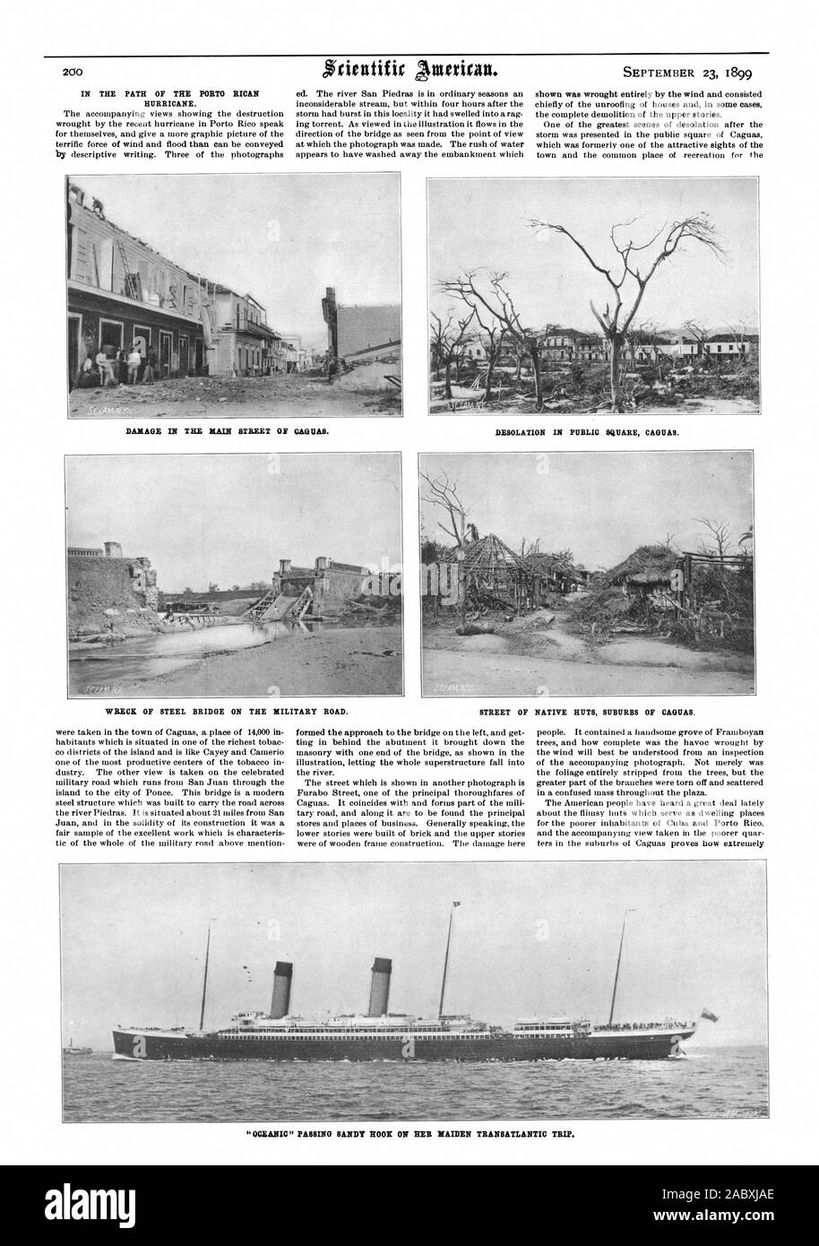 IN DEN PFAD DES PORTO RICO HURRIKAN. Die Verwüstung IN ÖFFENTLICHEN PLATZ CAGUAS. Schäden IN DER HAUPTSTRASSE OE 06418. Wrack der stahlbrücke an der Military Road. Straße der gebürtigen Hütten Vororten von CAGUAS. "OCEANIC" vorbei Sandy Hook auf ihrer Jungfernfahrt TRANSATLANTIKREISE., Scientific American, 1899-09-23 Stockfoto