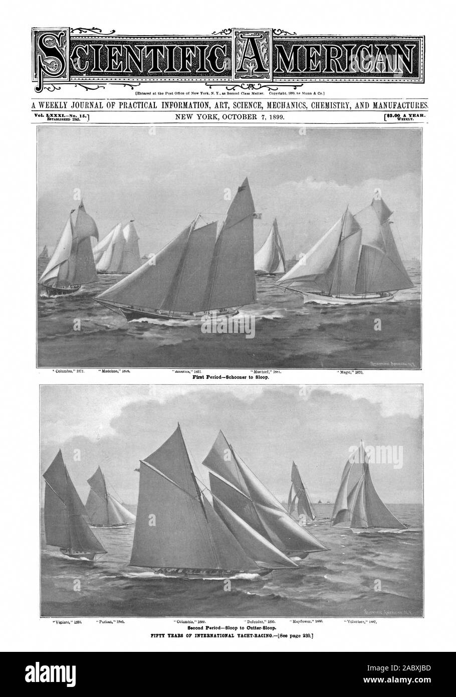 Bei der Post von New York N.Y. als zweite Clam abgeschlossen. Copyright-1899.hr Munn&Col Phut Zeitraum - Schoner zu Sloop. Vol LX. XXINo. 15.1 [$ 3.00 pro Jahr. Wöchentlich. Zweite Periode - Sloop zu Outter-Sloop. 50 Jahre internationale YACHT-racing.-1 siehe Seite 2301, Scientific American, 1899-10-07 Stockfoto